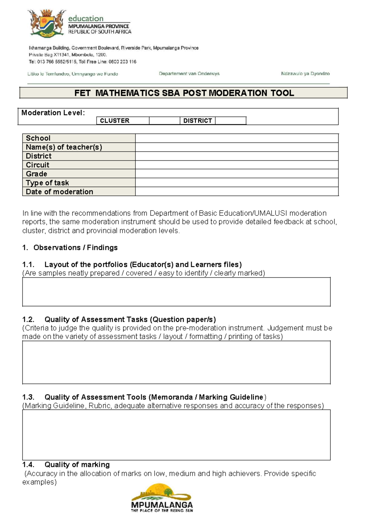 FET MATHEMATICS SBA Post Moderation Instrument CL SES Tool 2026 - Studocu