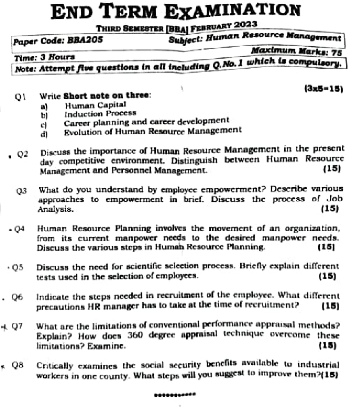 END TERM EXAMINATION FEBRUARY 2023 BBA205 Human Resource Management ...