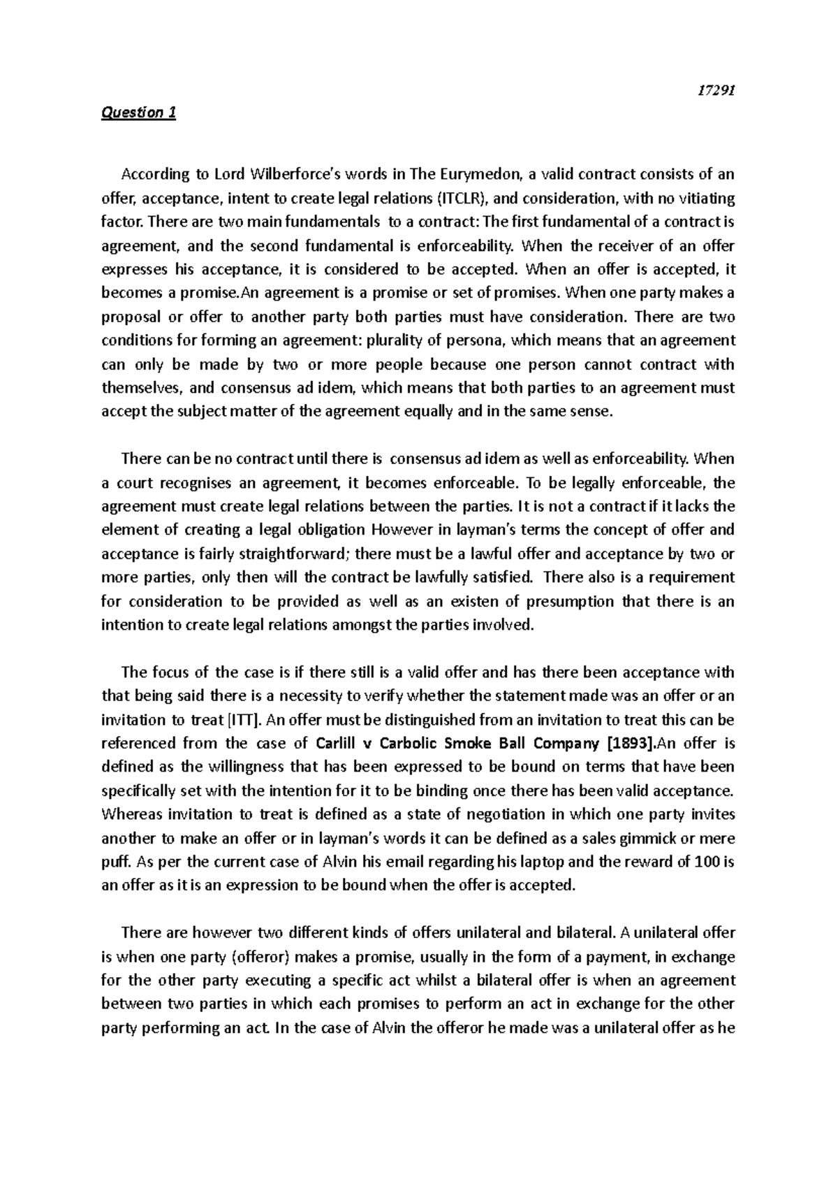 17291 ELC101 - Final Exam Notes on Contract Law Principles - Studocu