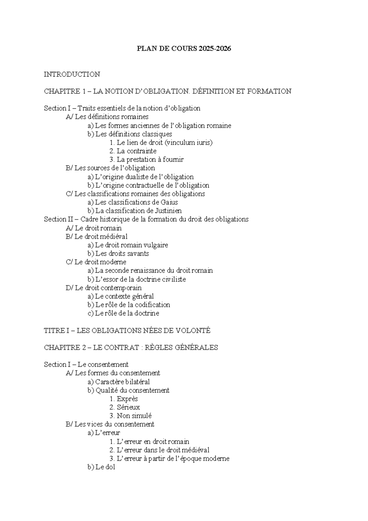 PLAN DE COURS 2025 : INTRODUCTION AU DROIT DES OBLIGATIONS - Studocu