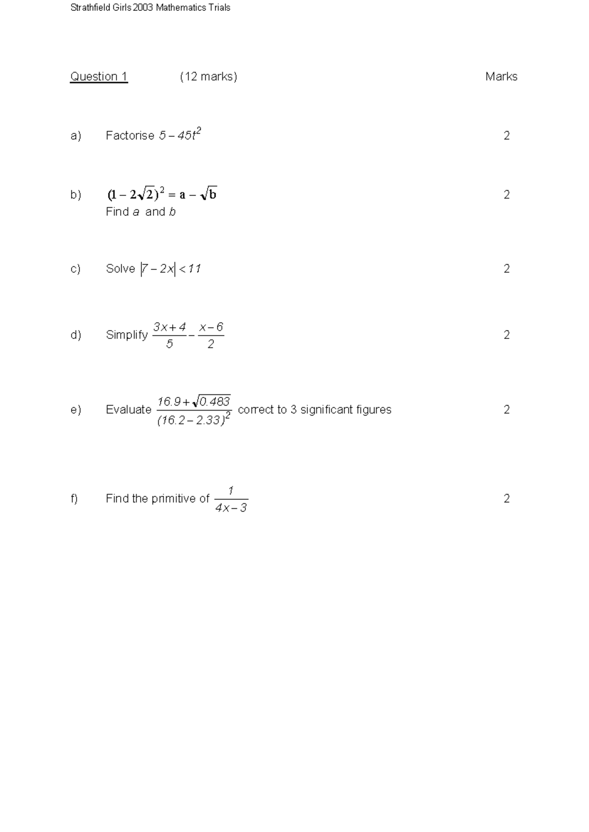 Strathfield Girls 2003 2U Mathematics Trials Exam Questions - Studocu