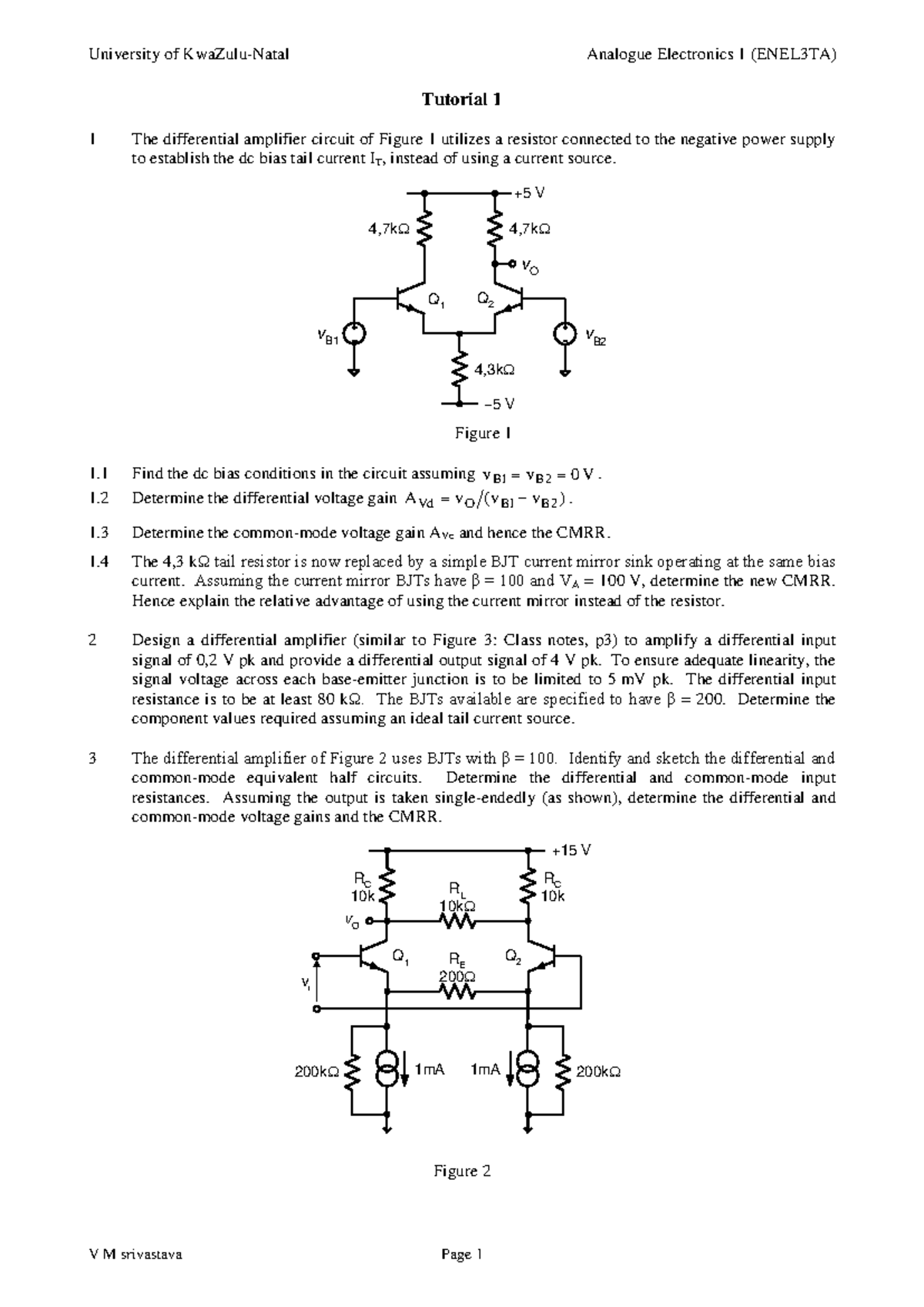 3TA Tut 1 - BJT Differential Amplifier Analysis & Design - Studocu