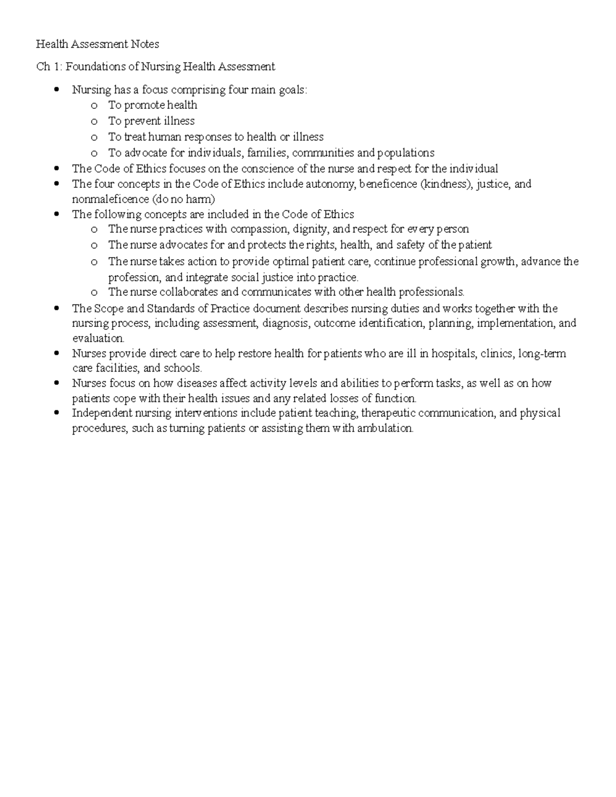 NURS 101: Health Assessment Final Exam Study Notes - Studocu