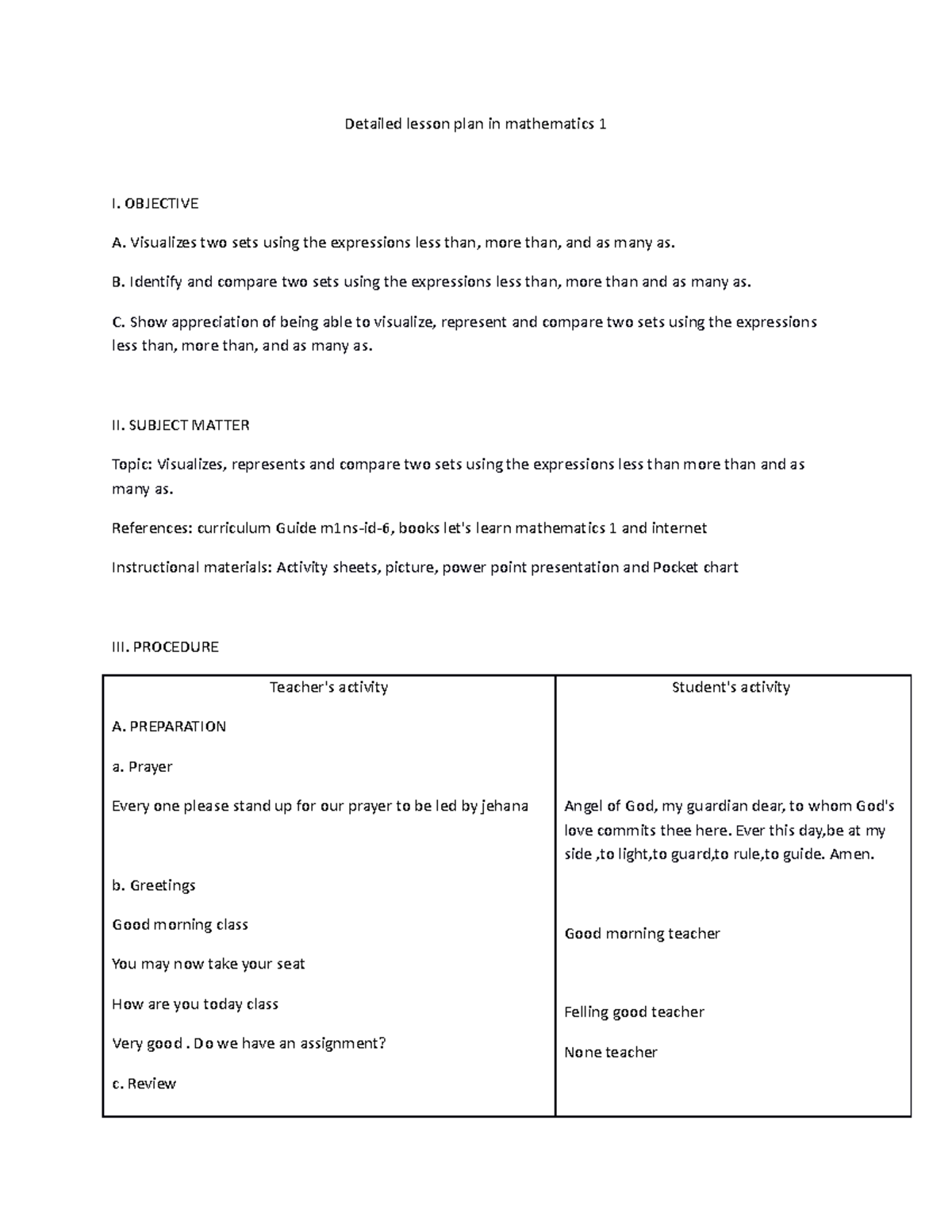 Mathematics 1 Lesson Plan: Comparing Two Sets using Expressions - Studocu