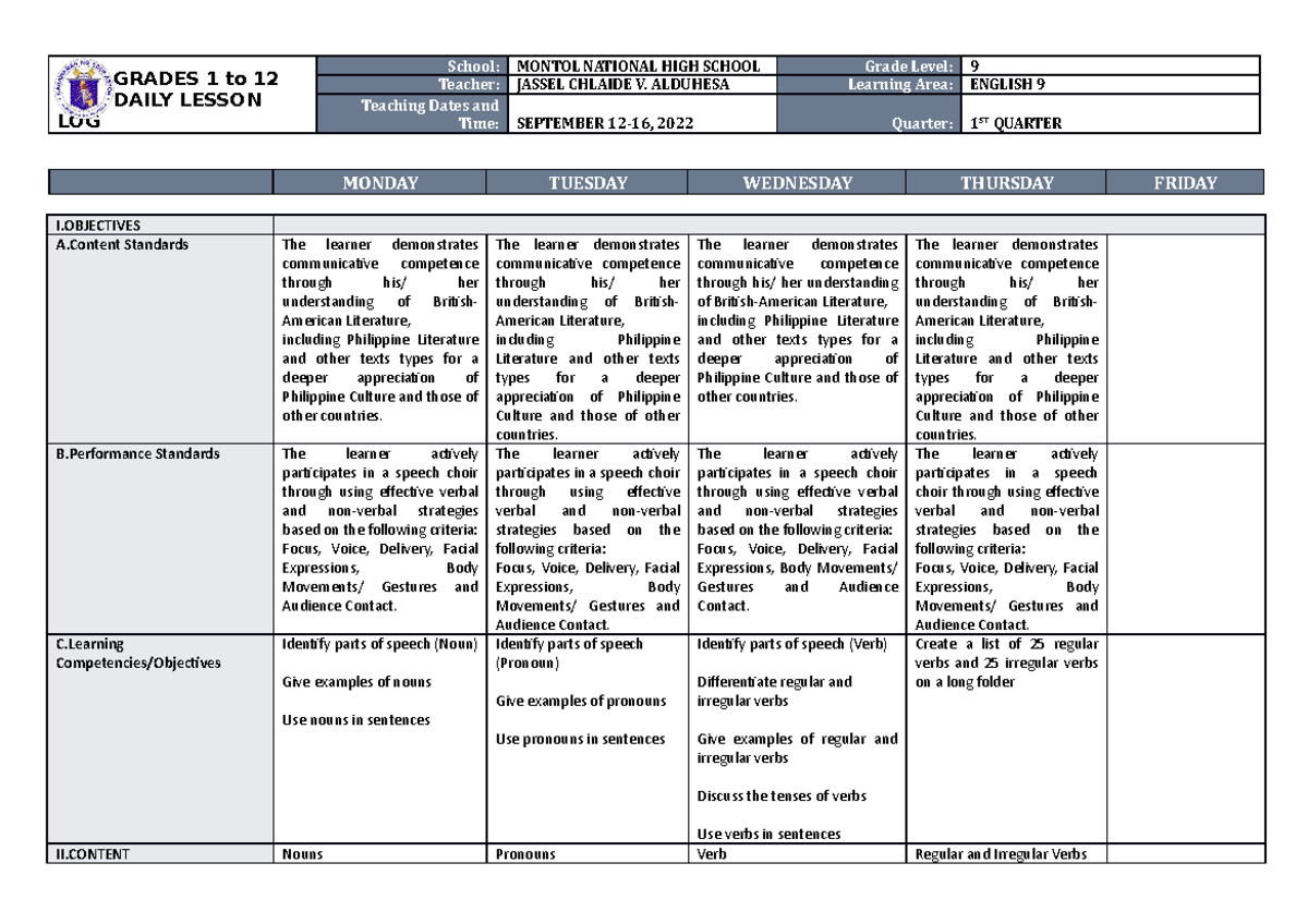 Q1 W4 English 9 DLL - DLL - GRADES 1 to 12 DAILY LESSON LOG School ...