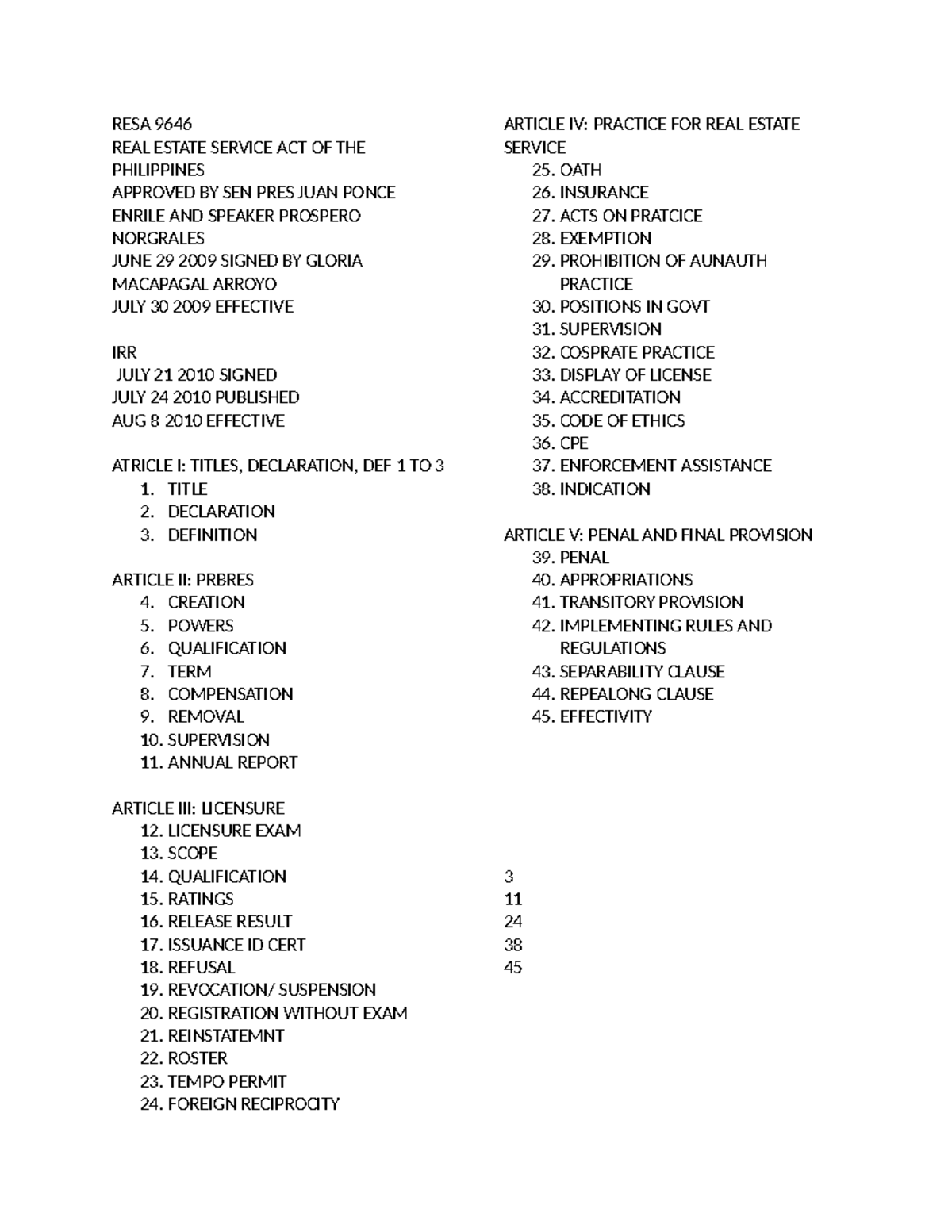 RESA 9646 Summary Table of Contents for Real Estate Service Act - Studocu