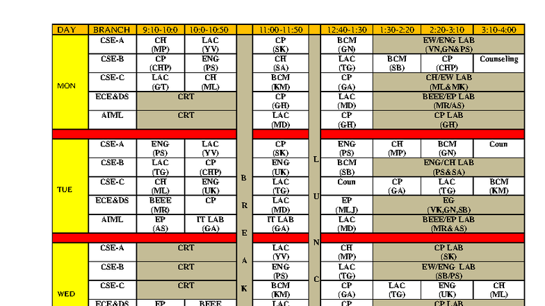 Master Time Table for Courses: DAY BRANCH CH (MP) & ENG (PS) - Studocu