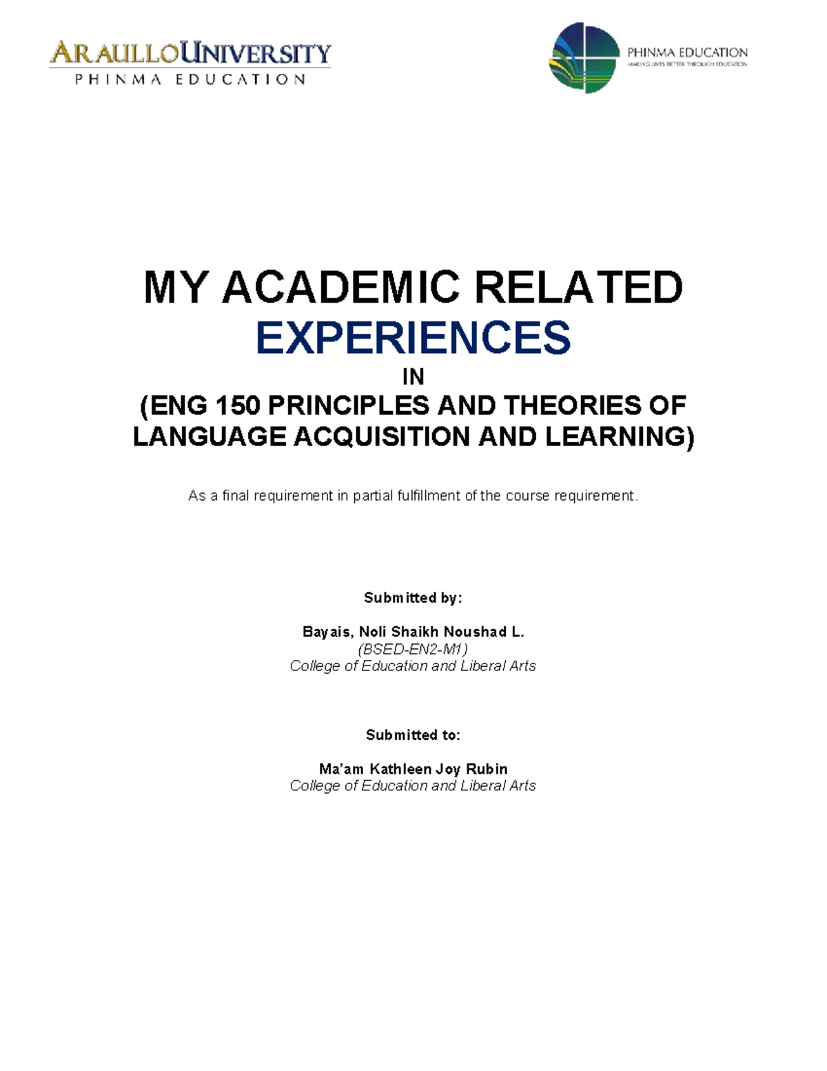 E-Portfolio: Academic Experiences in ENG 150 Language Acquisition - Studocu