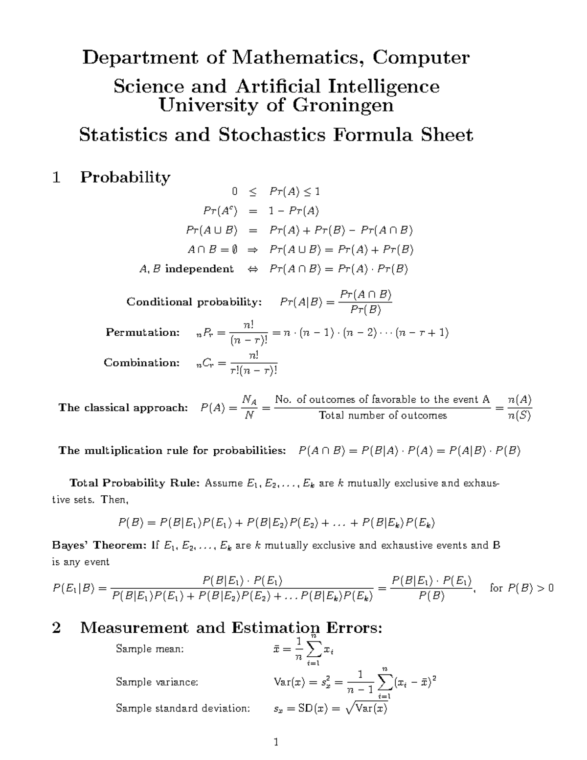 Statistics and Stochastics Formula Sheet: Key Concepts and Formulas ...