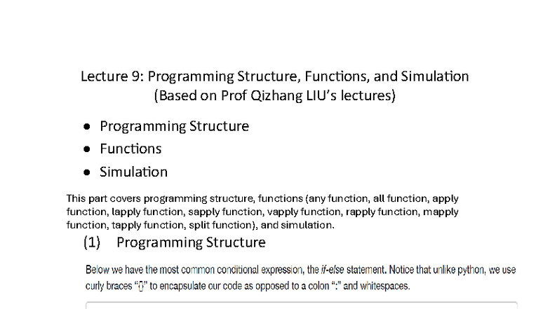 Lecture 9: Programming Structure, Functions & Simulation Notes - Studocu