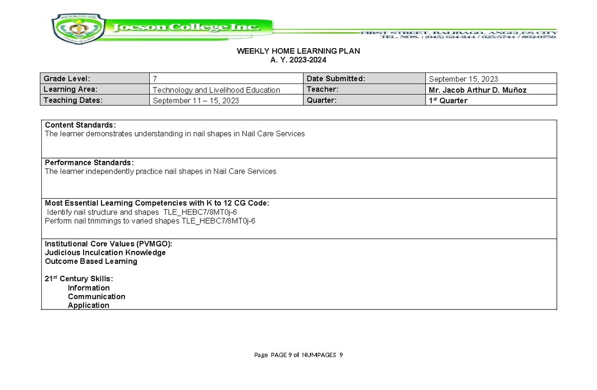 WEEK 5 LESSON PLAN - Grade 7 TLE (Nail Care Services) - Studocu