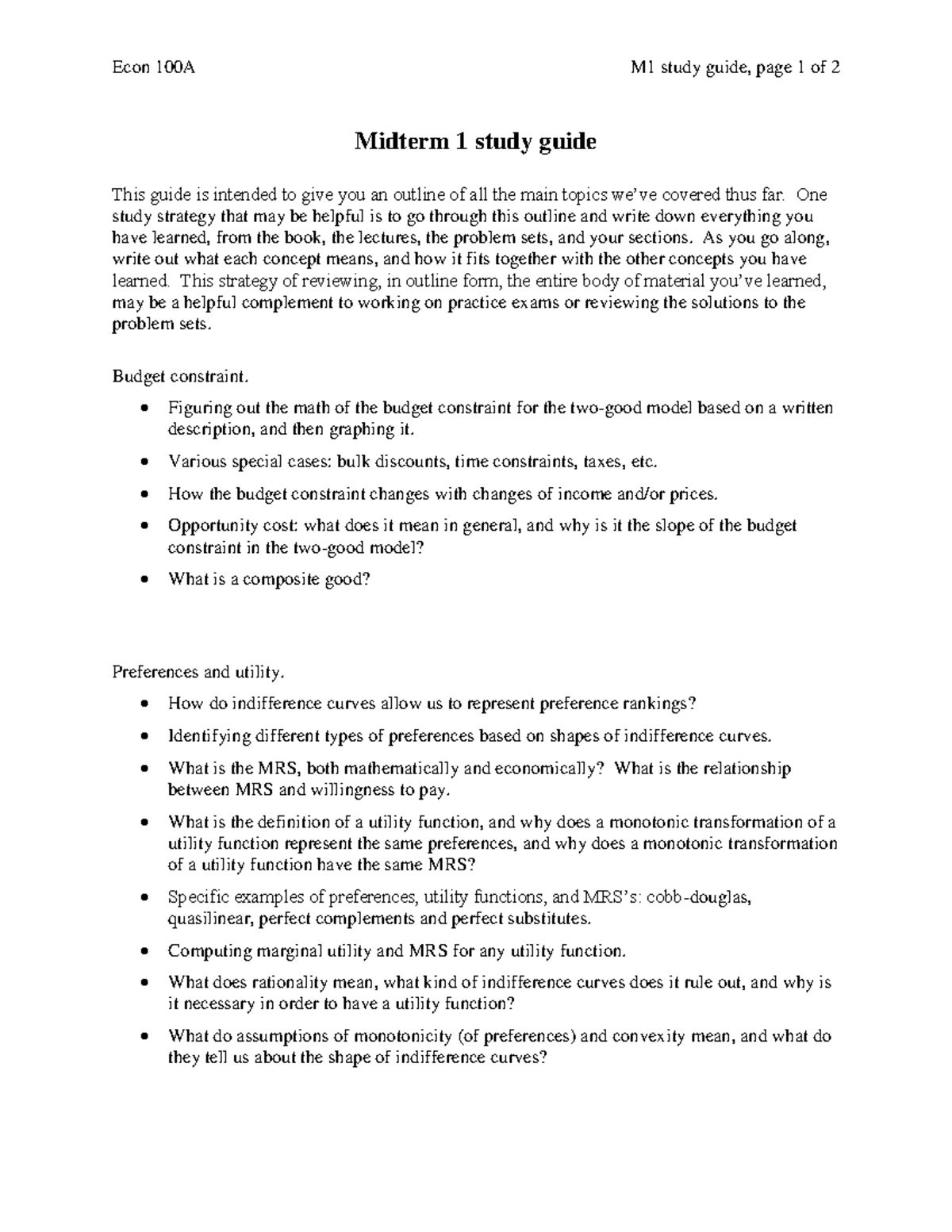Econ 100A Midterm 1 study guide - Econ 100A M1 study guide, page 1 of 2 ...