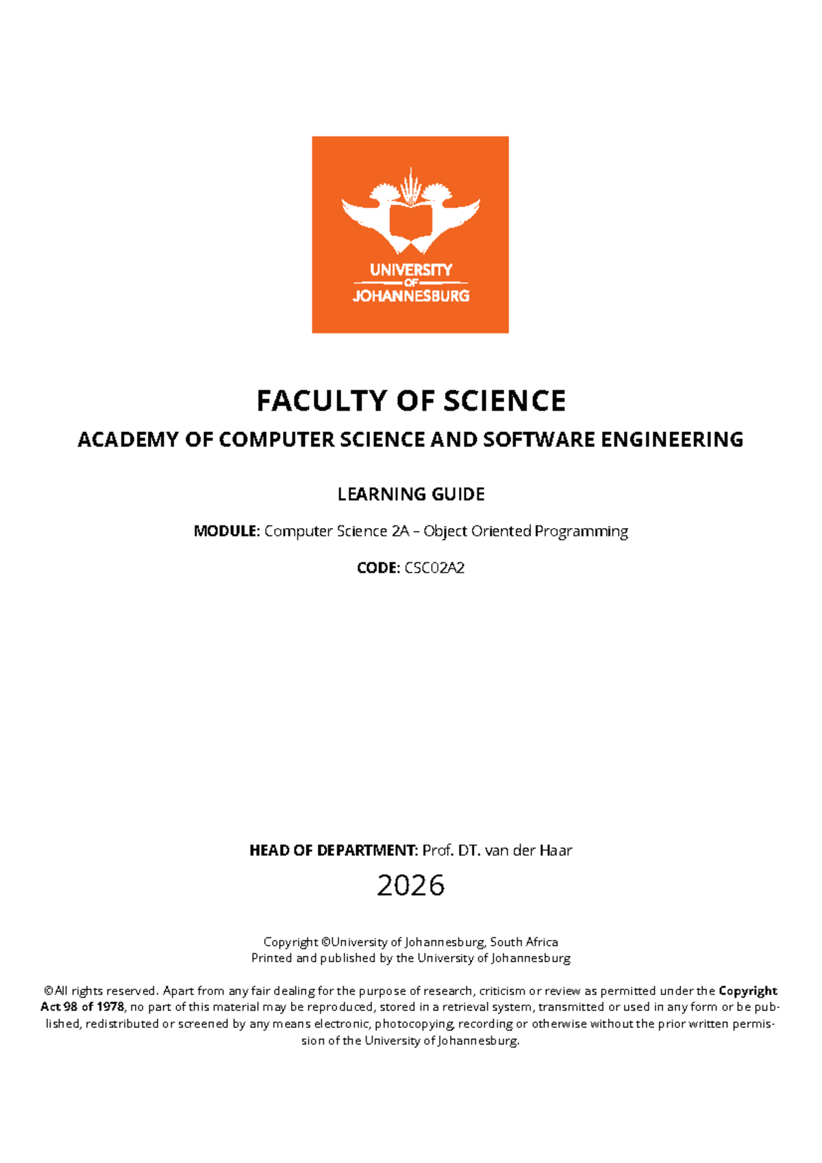 Computer Science 2A Learning Guide: Object Oriented Programming 2026 ...