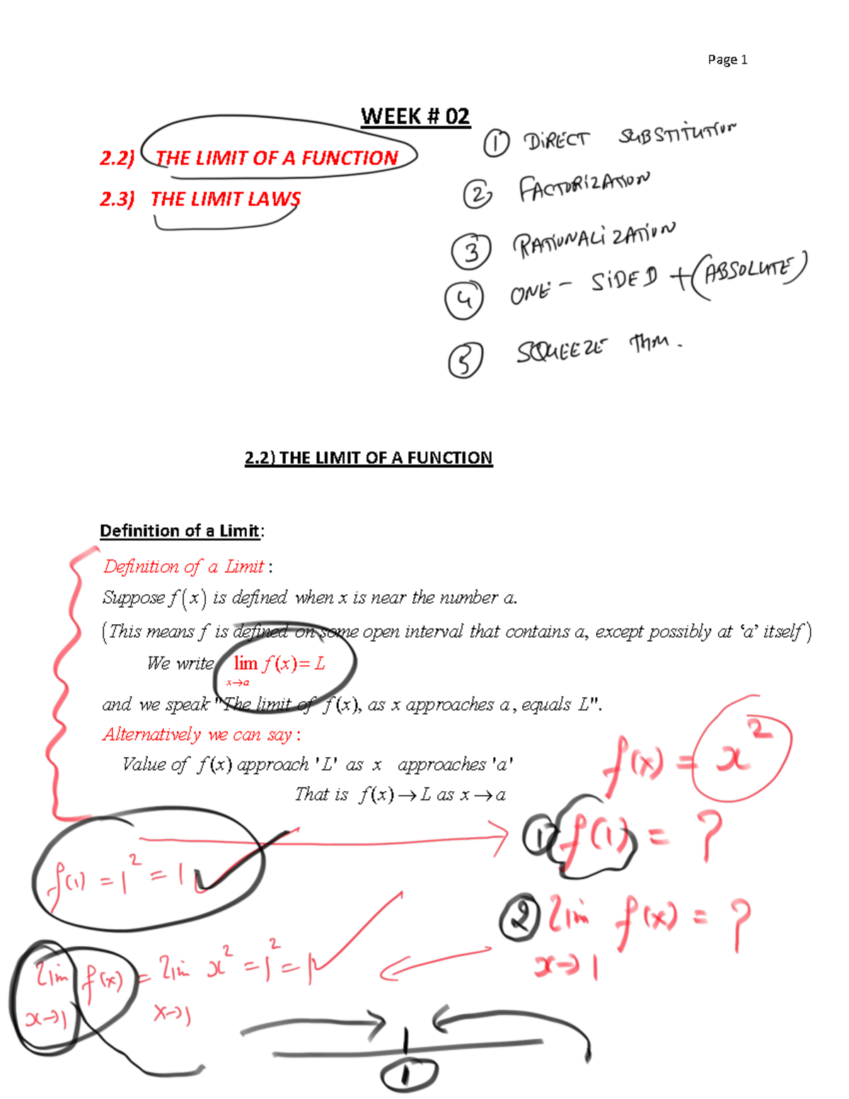 Handwritten notes-Week 02-1 - WEEK # 02 2) THE LIMIT OF A FUNCTION 2 ...