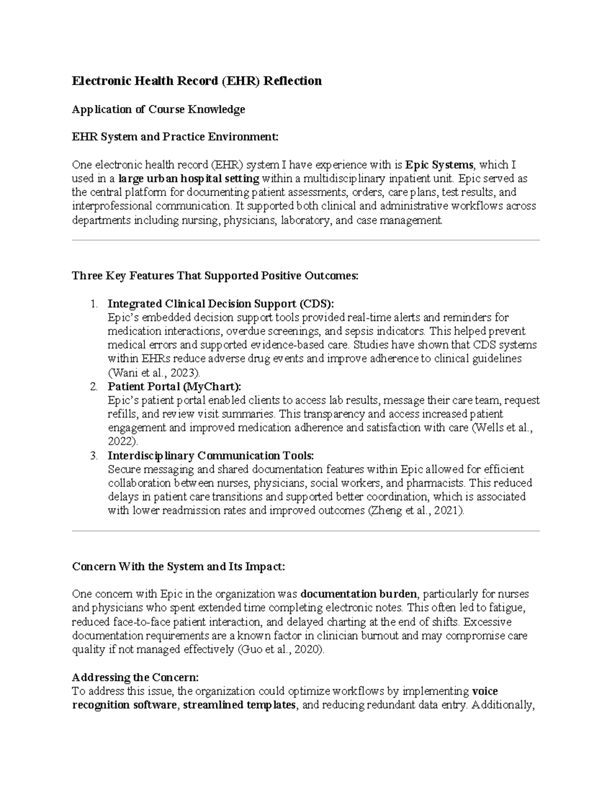 EHR Reflection: Insights from Epic Systems in Clinical Practice - Studocu