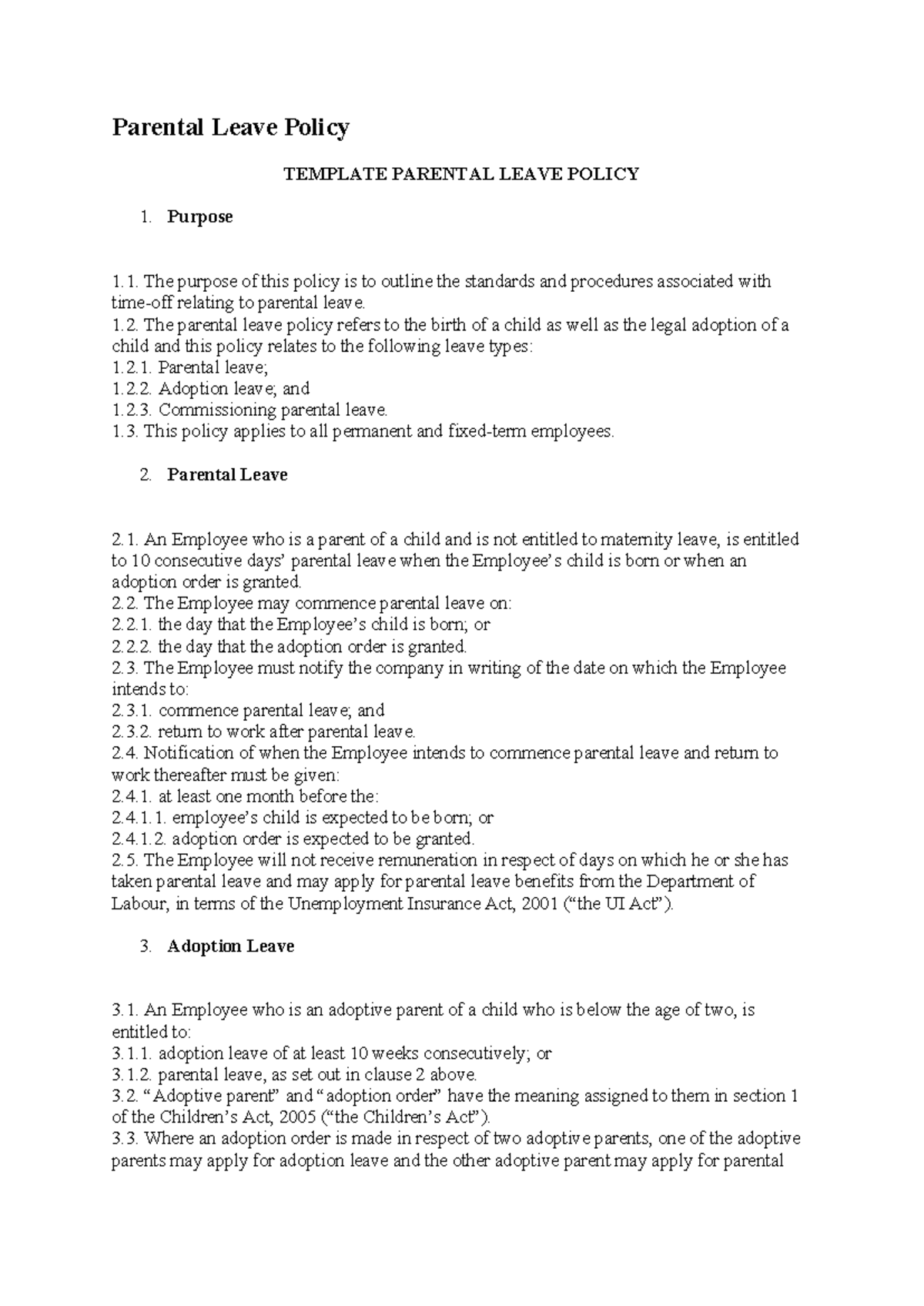 Leave Policy Template - Summary Human resources management and labour ...