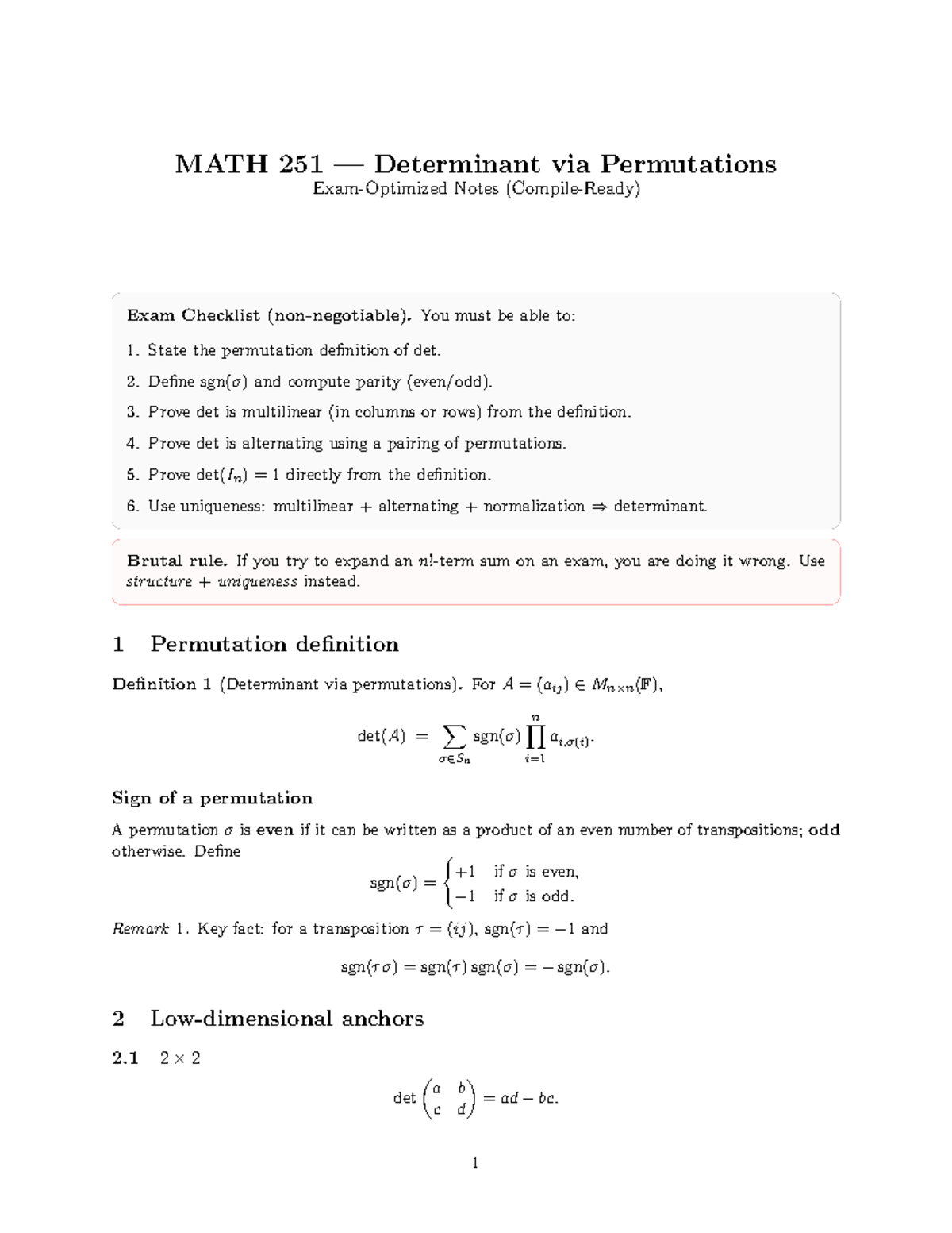 MATH 251 Lecture 13: Determinants via Permutations Exam Notes - Studocu