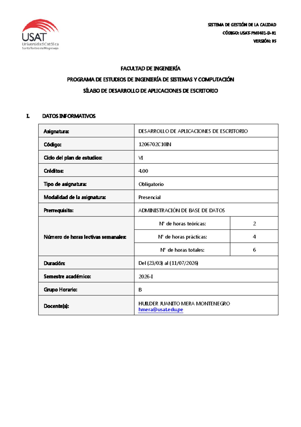 SILABO DESARROLLO DE APLICACIONES DE ESCRITORIO I - CÓDIGO 1206702C10IN - Document Preview