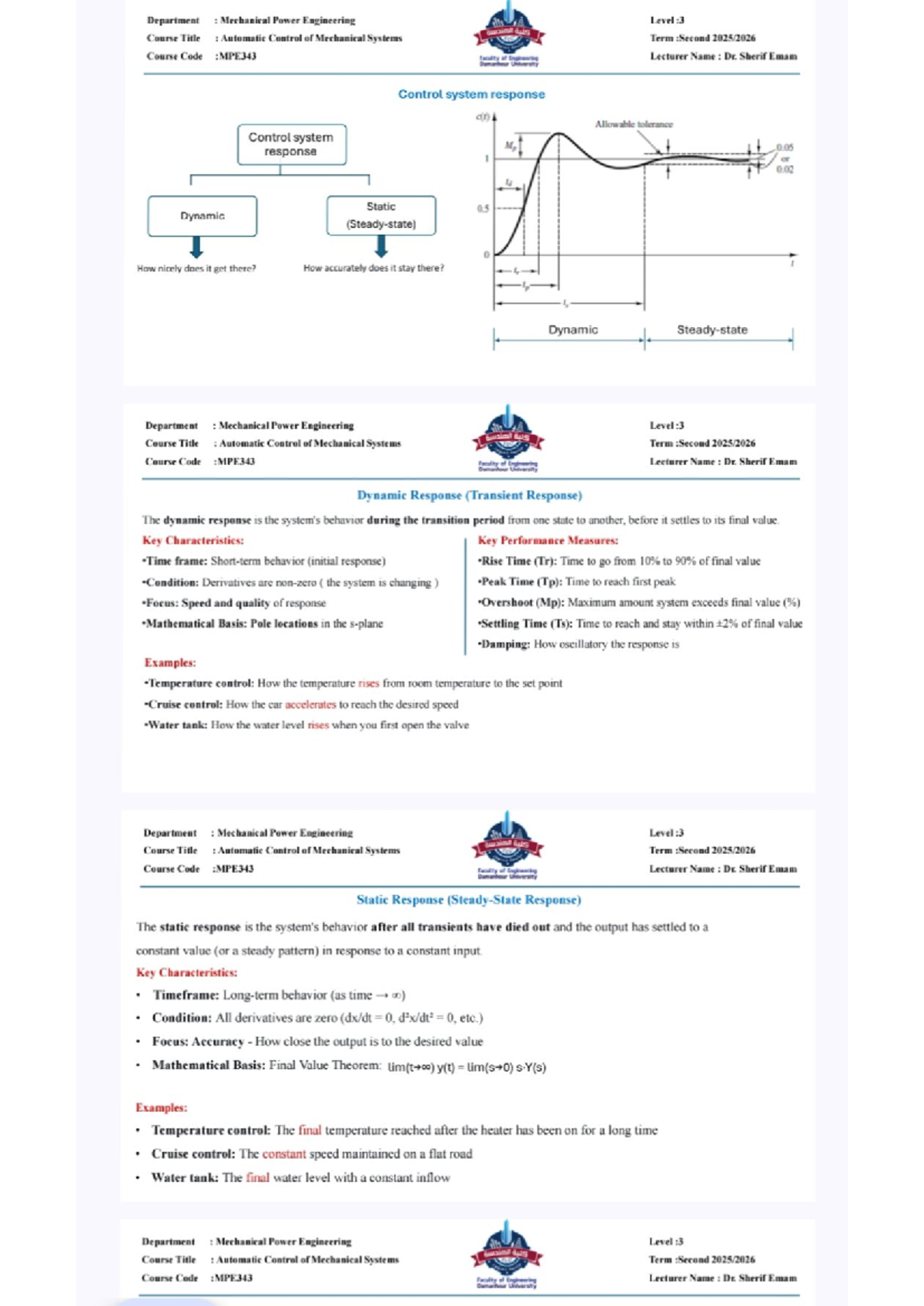 MPE343: Automatic Control of Mechanical Systems - Lecture Notes - Studocu