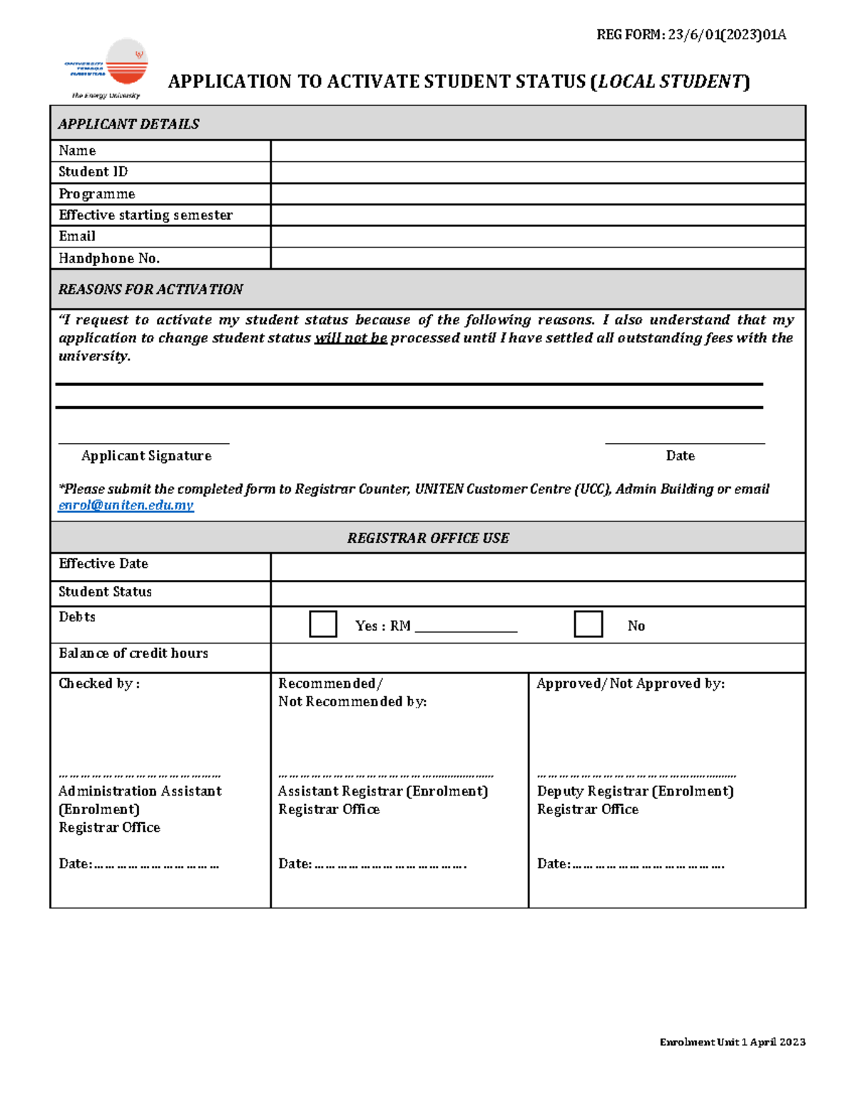 01 application to activate student status local student 2023 - REG FORM ...