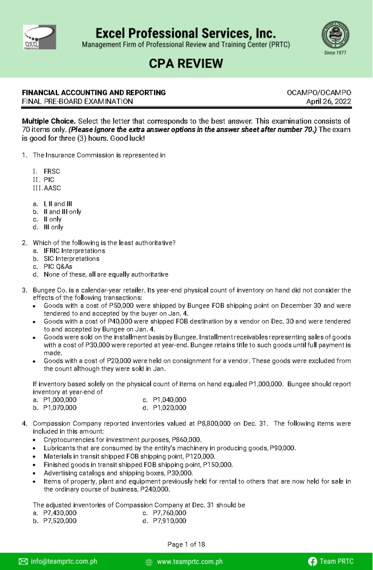 PRTC FAR Final PB - Comprehensive Review of Financial Accounting - Studocu
