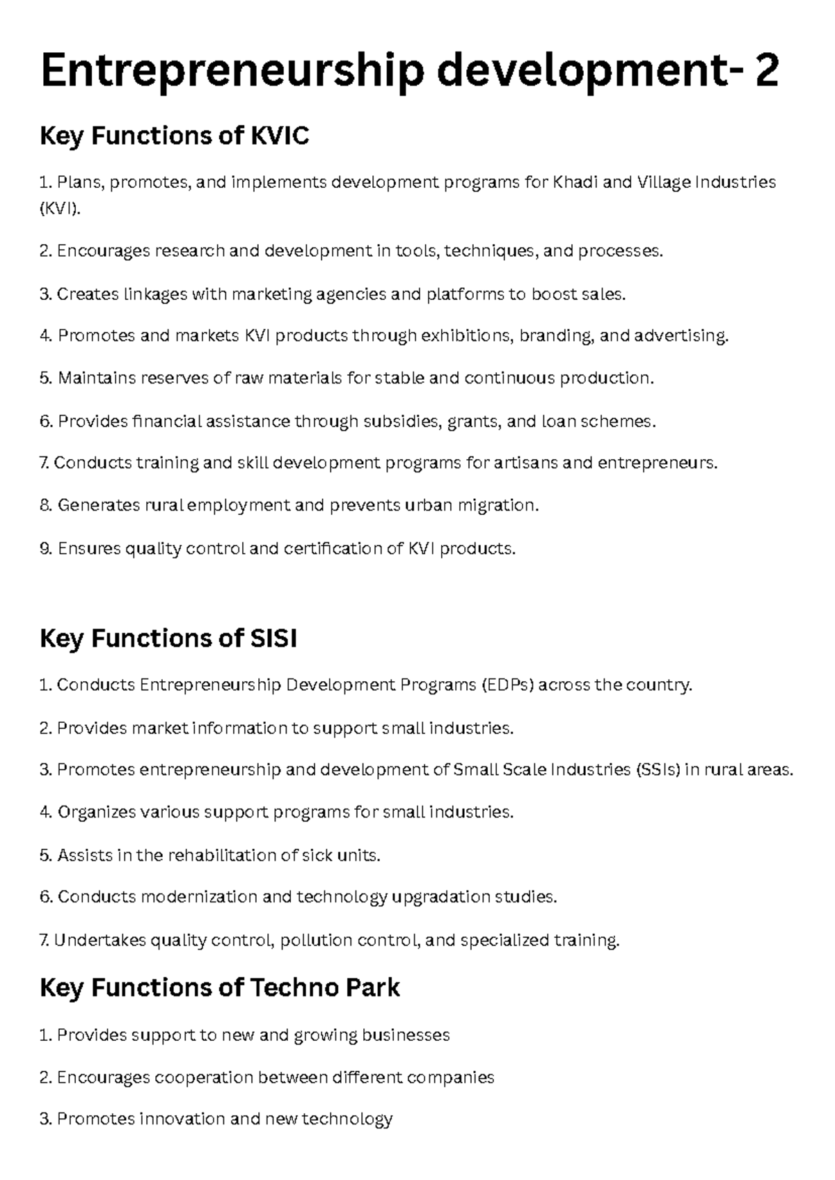 Entrepreneurship 2: Key Functions of KVIC, SISI & Techno Park - Studocu