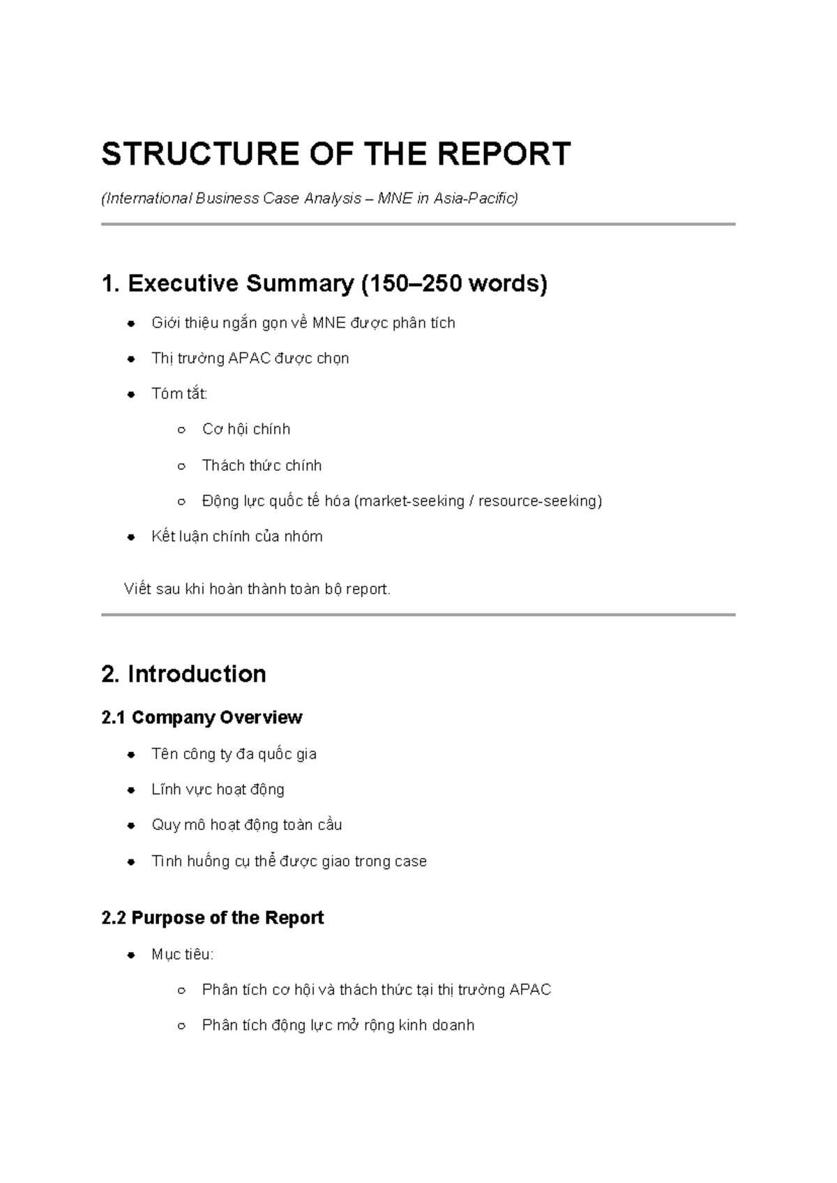International Business Case Analysis MNE: Report Structure Overview ...