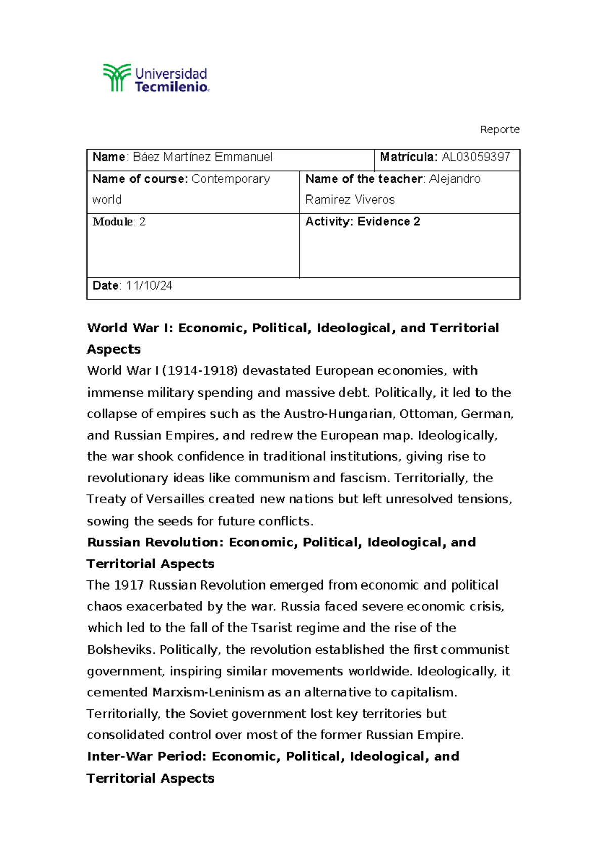 Evidence 2 Contemporary world - Reporte Name: Báez Martínez Emmanuel ...