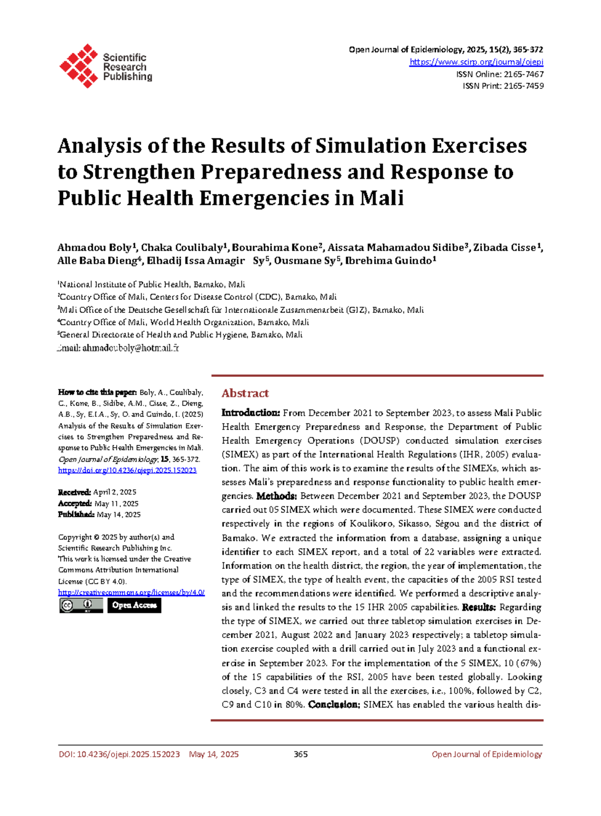 Analysis of Simulation Exercises for Public Health Emergencies in Mali ...