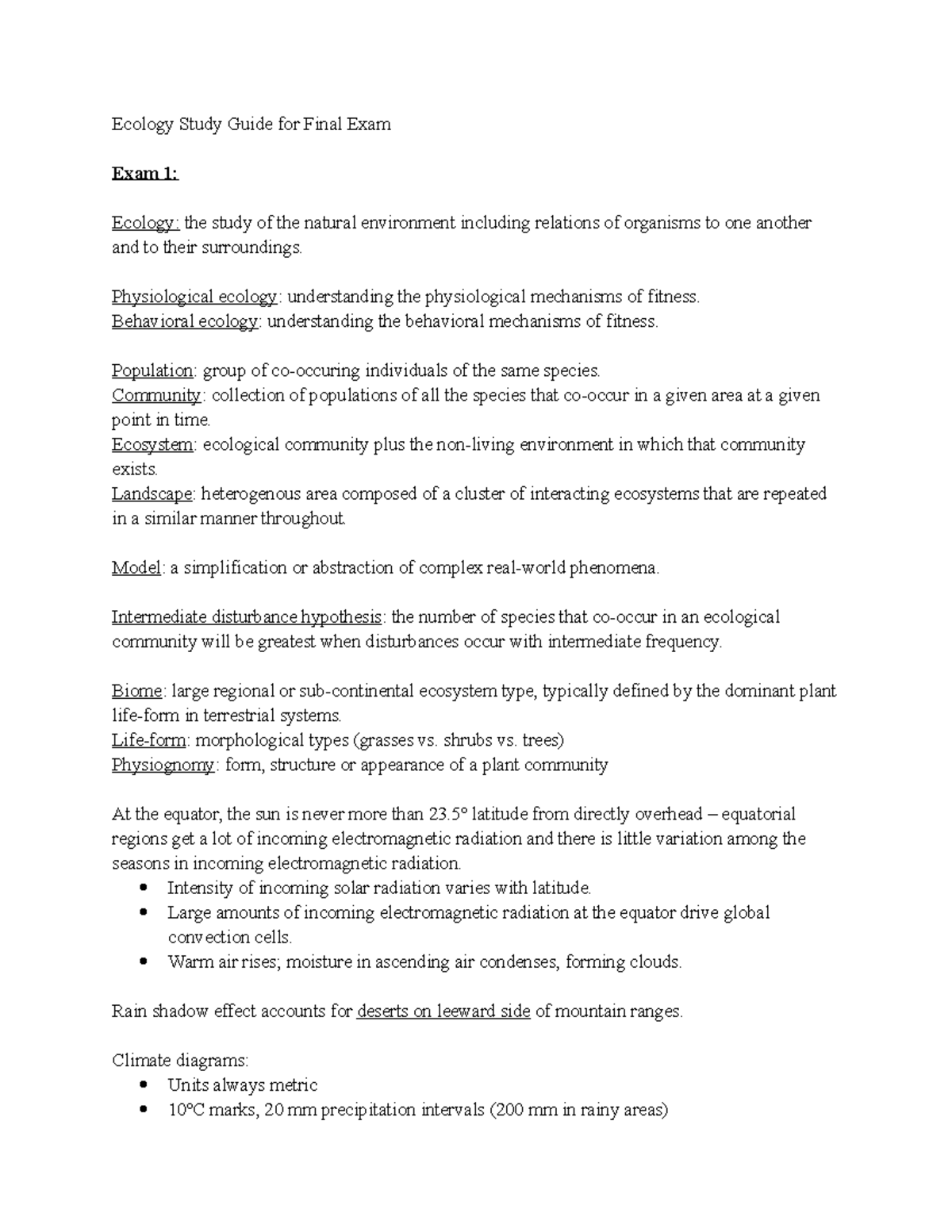 Ecology Study Guide for Final Exam - Physiological ecology ...