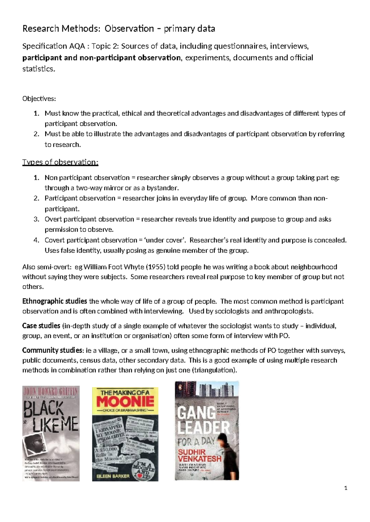 AQA Research Methods: Participant Observation Class Notes - Studocu