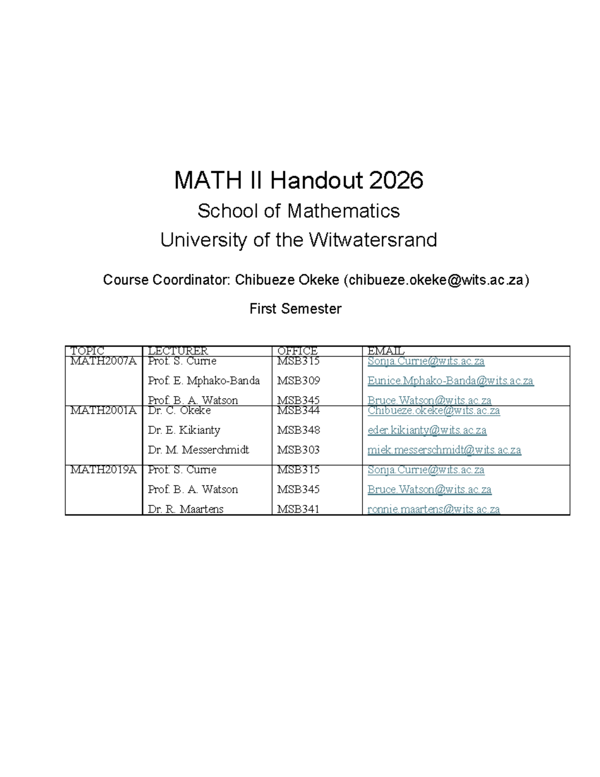 MATH II Sem1 Handout 2026: Course Overview and Assessment Details - Studocu