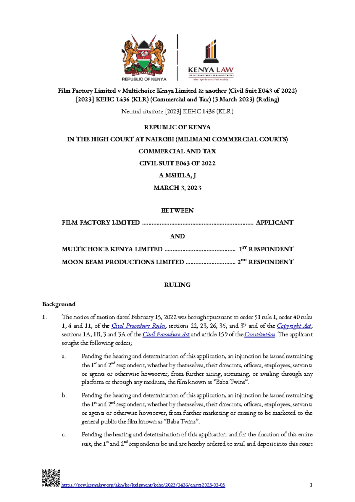 Film Factory Ltd v Multichoice Kenya Ltd (Civil Suit E043/2022) Ruling ...
