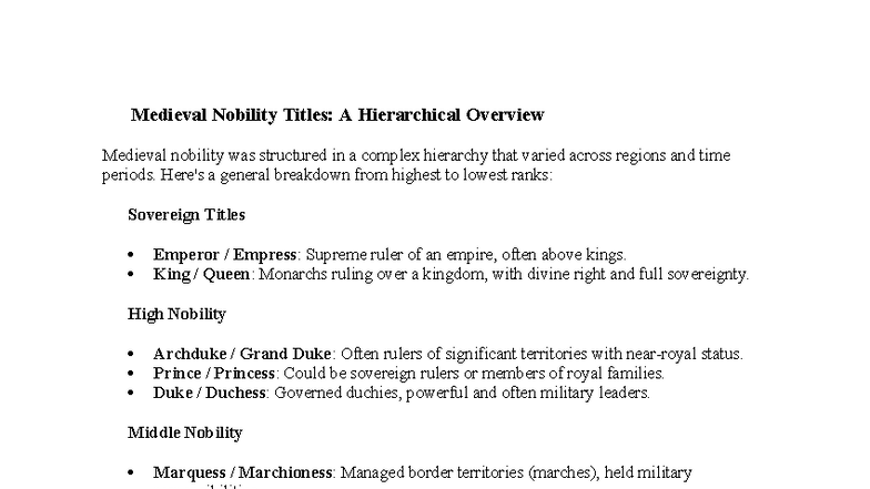 Medieval Nobility Titles: A Hierarchical Overview - Studocu