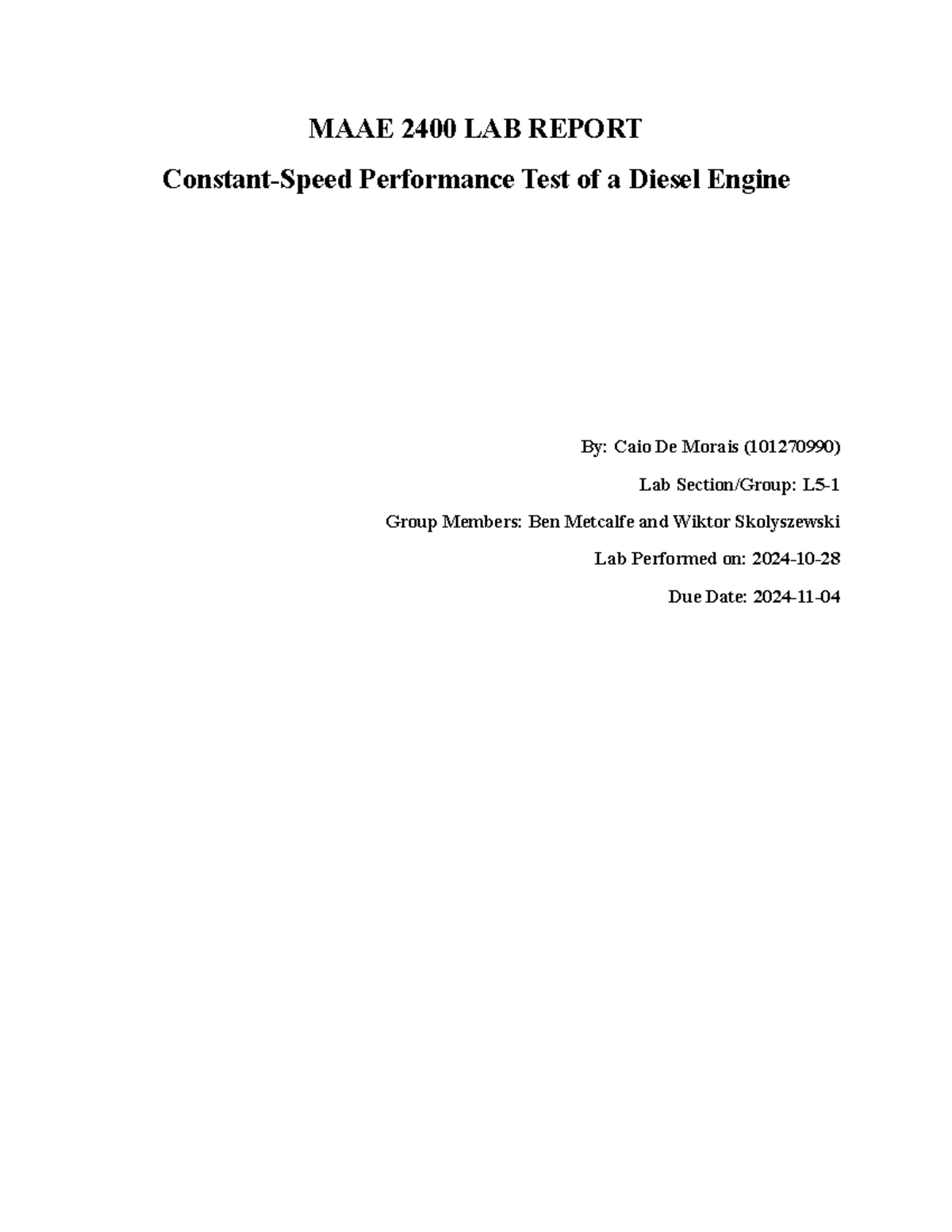 Diesel Engine Performance Lab Report - MAAE 2400 Submission - Studocu