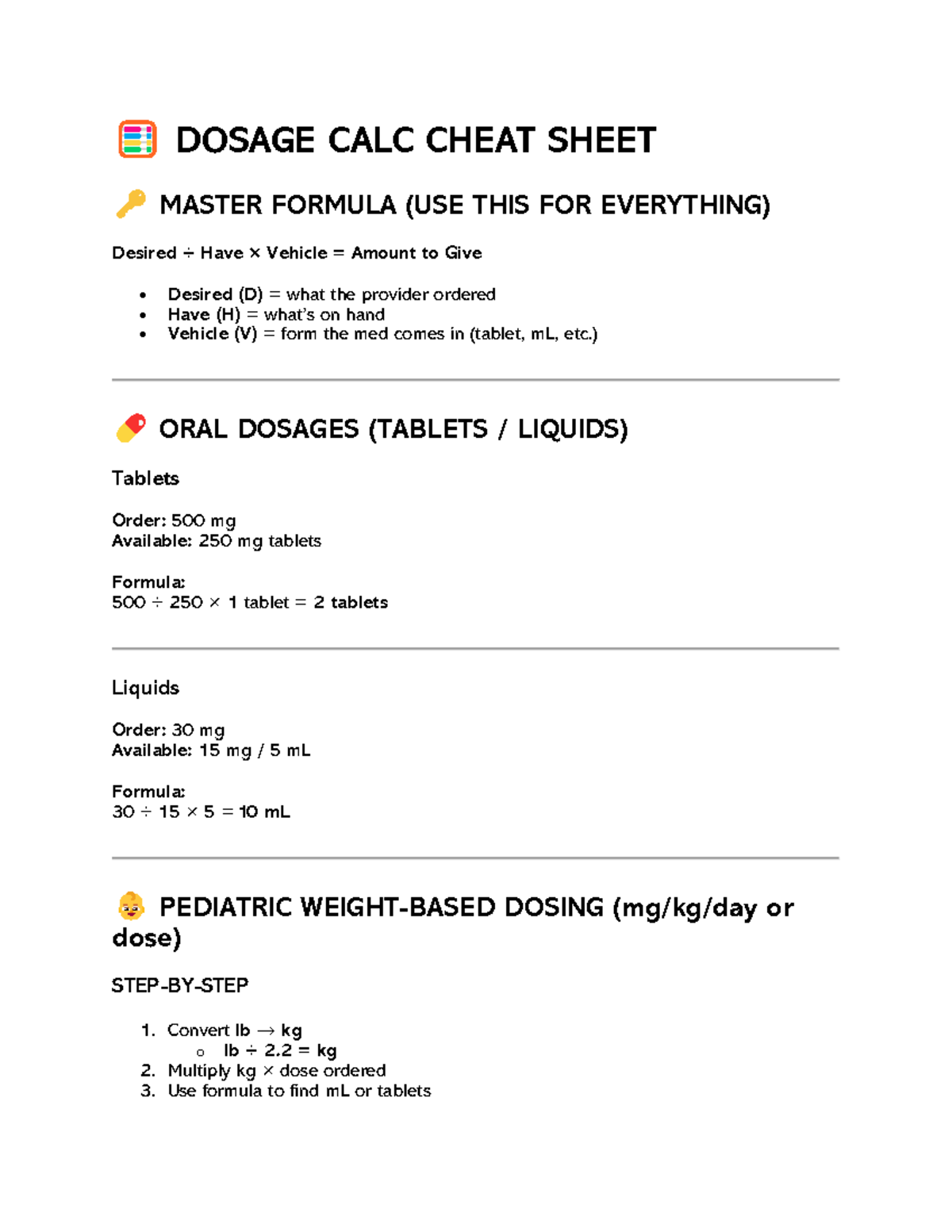 DOSAGE CALC CHEAT SHEET (MASTER FORMULA) for Meds - Studocu