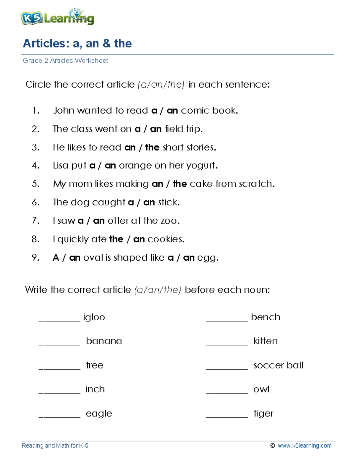 Grade 2 Grammar Worksheet: Articles a, an, the - Studocu