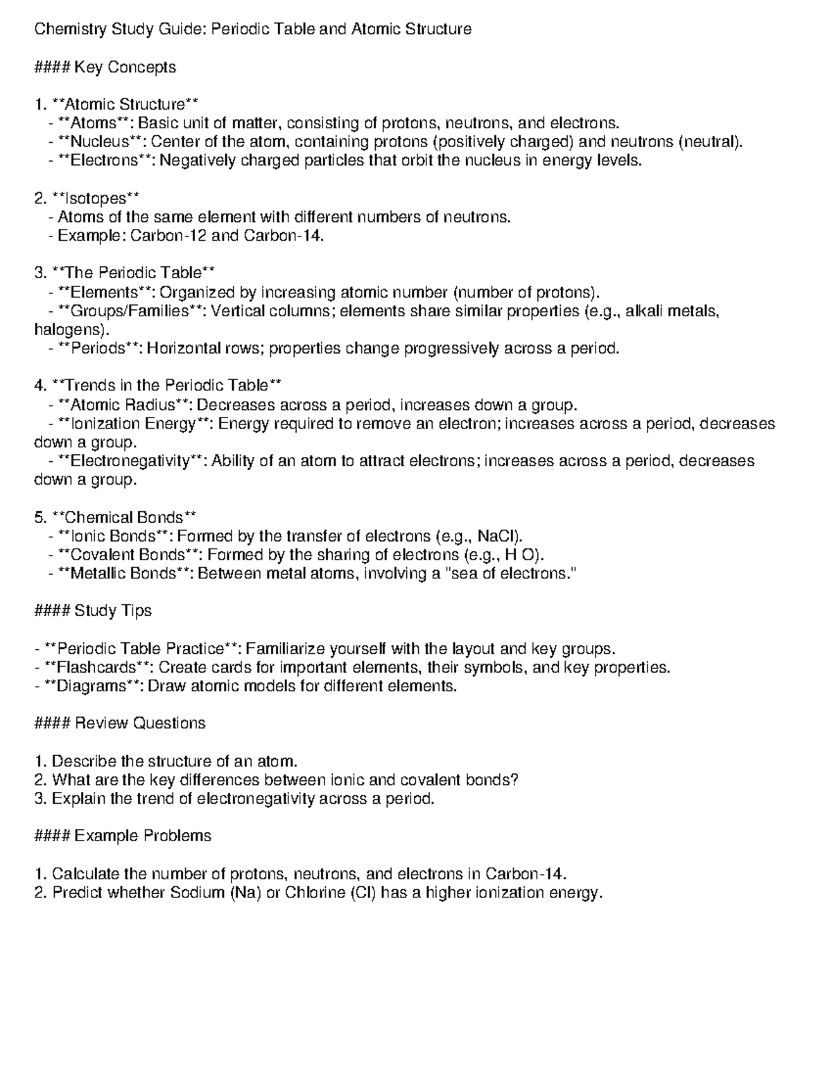Chem047272828: Chemistry Study Guide on Periodic Table & Atomic ...