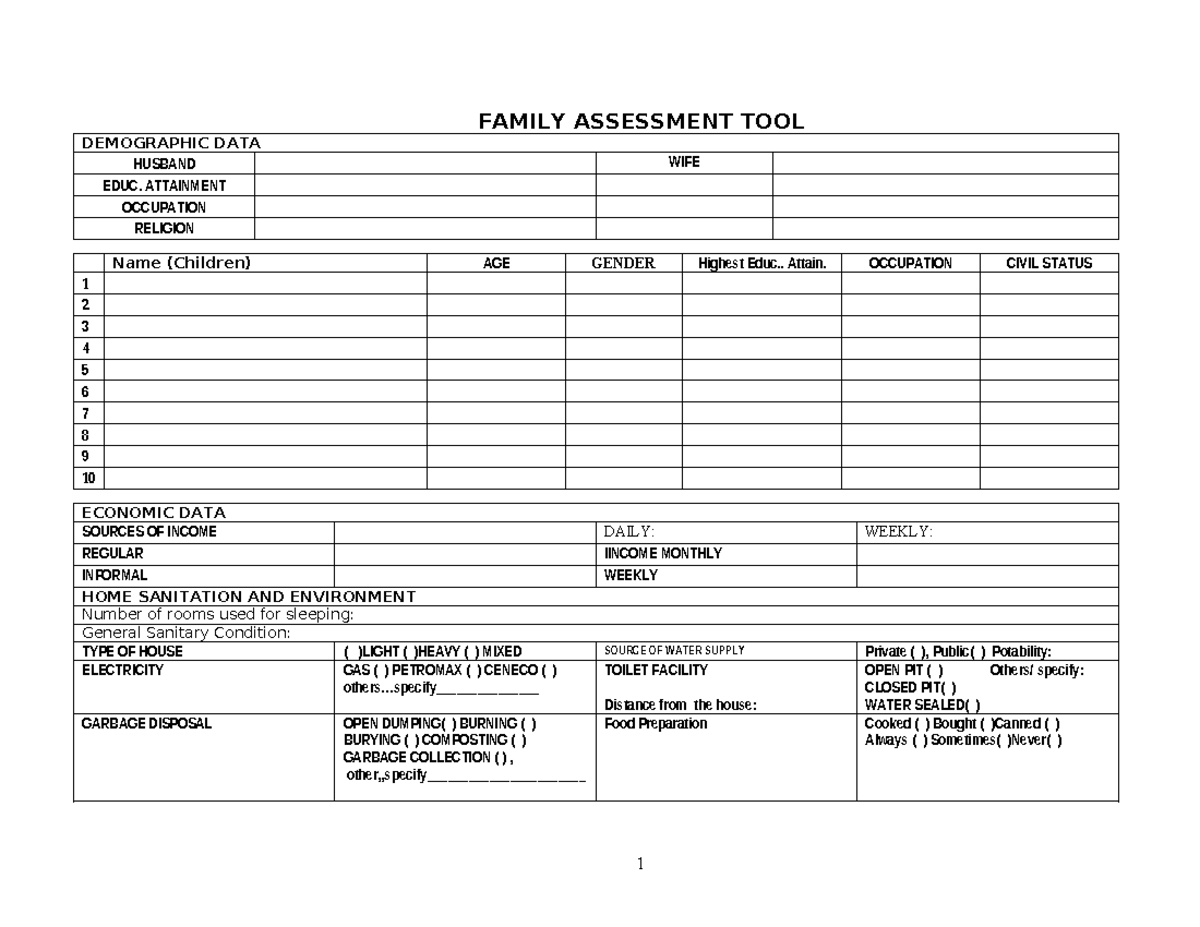 Family Assessment Tool Form: Demographic & Nutritional Data - Studocu