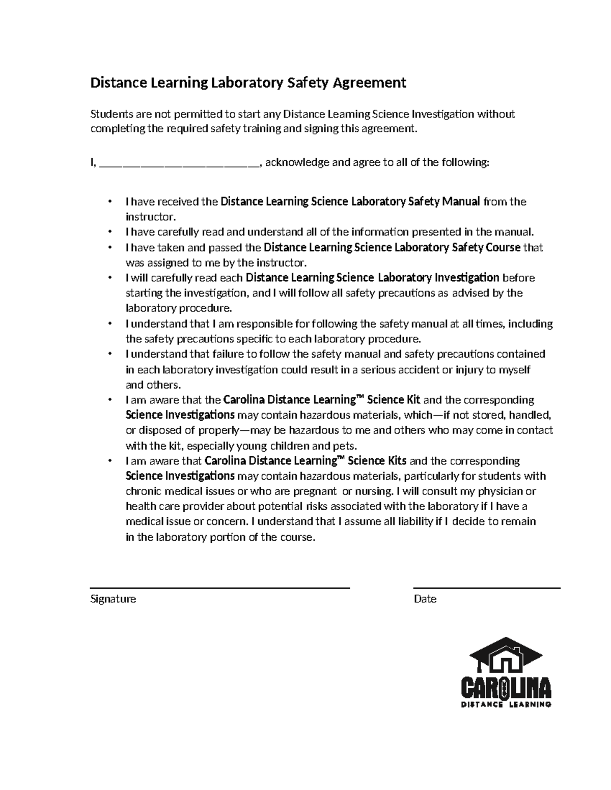 PHY 101L Distance Learning Lab Safety Agreement - Distance Learning ...