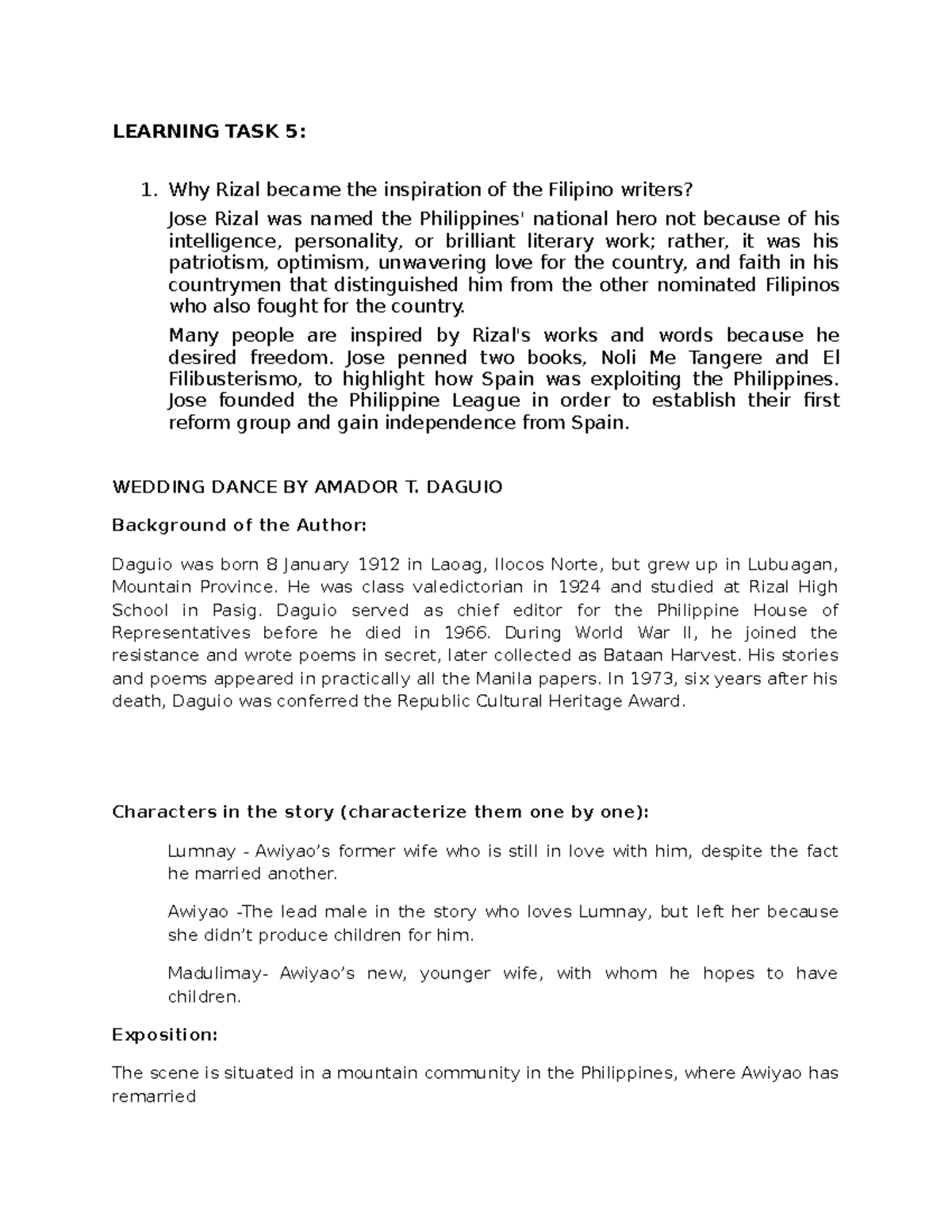 Learning Task 5: Analyzing Jose Rizal & Daguio's "Wedding Dance" - Studocu