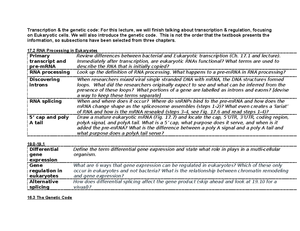 Eukaryotic Gene Regulation and the Genetic Code - Lecture Notes (Bio ...