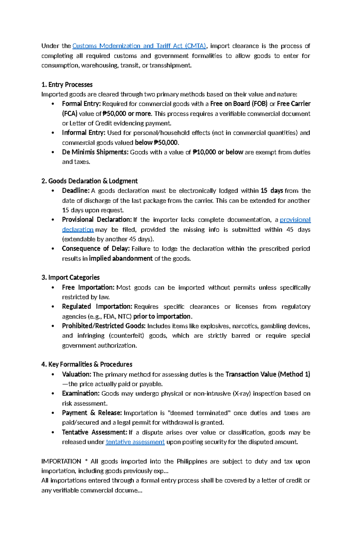 CMTA - Import Clearance Process Overview and Key Formalities - Studocu