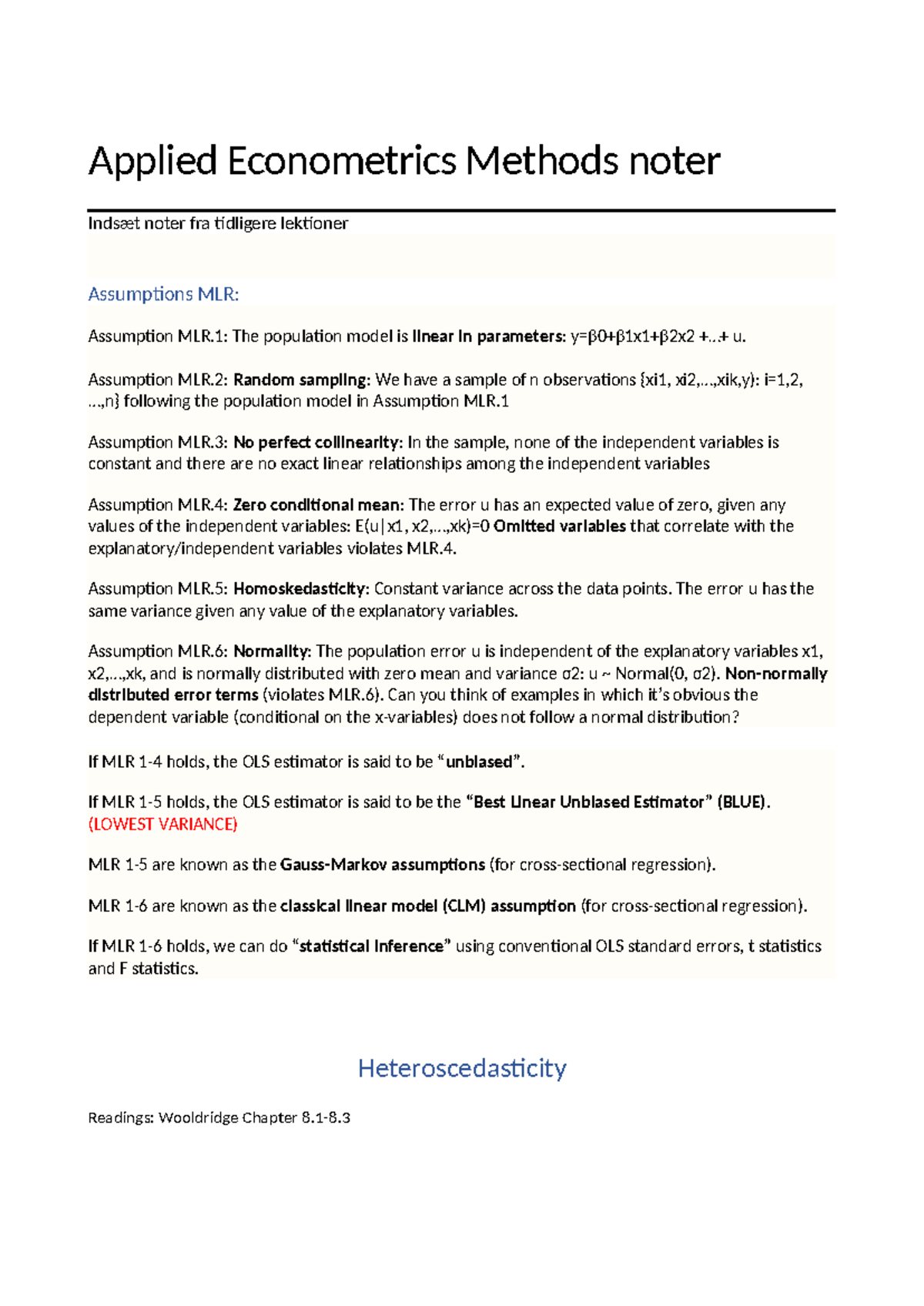 Applied Econometrics Methods: Lecture Notes on MLR Assumptions and ...
