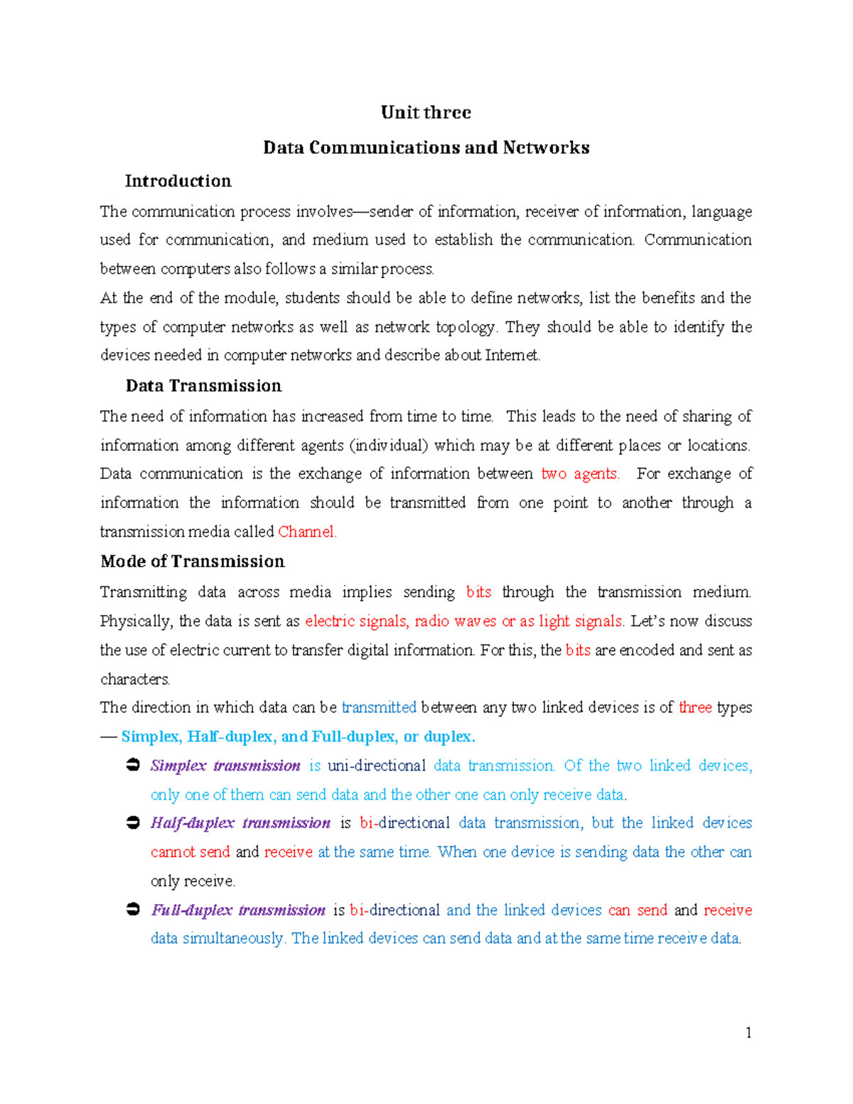 Chapter 3 intro to computer - Unit three Data Communications and ...