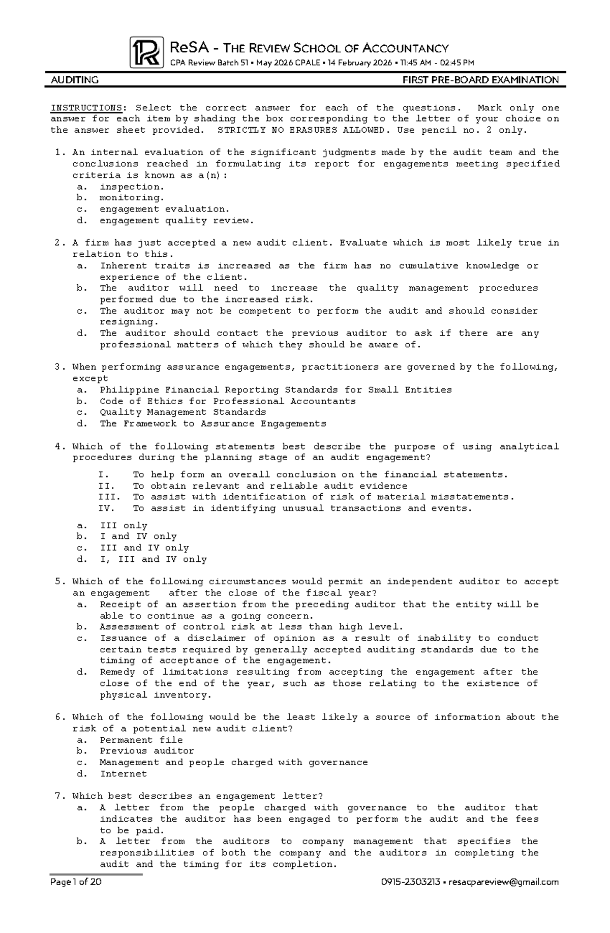 ReSA Batch 51 CPA Review: AUD First Exam Questions & Solutions - Studocu
