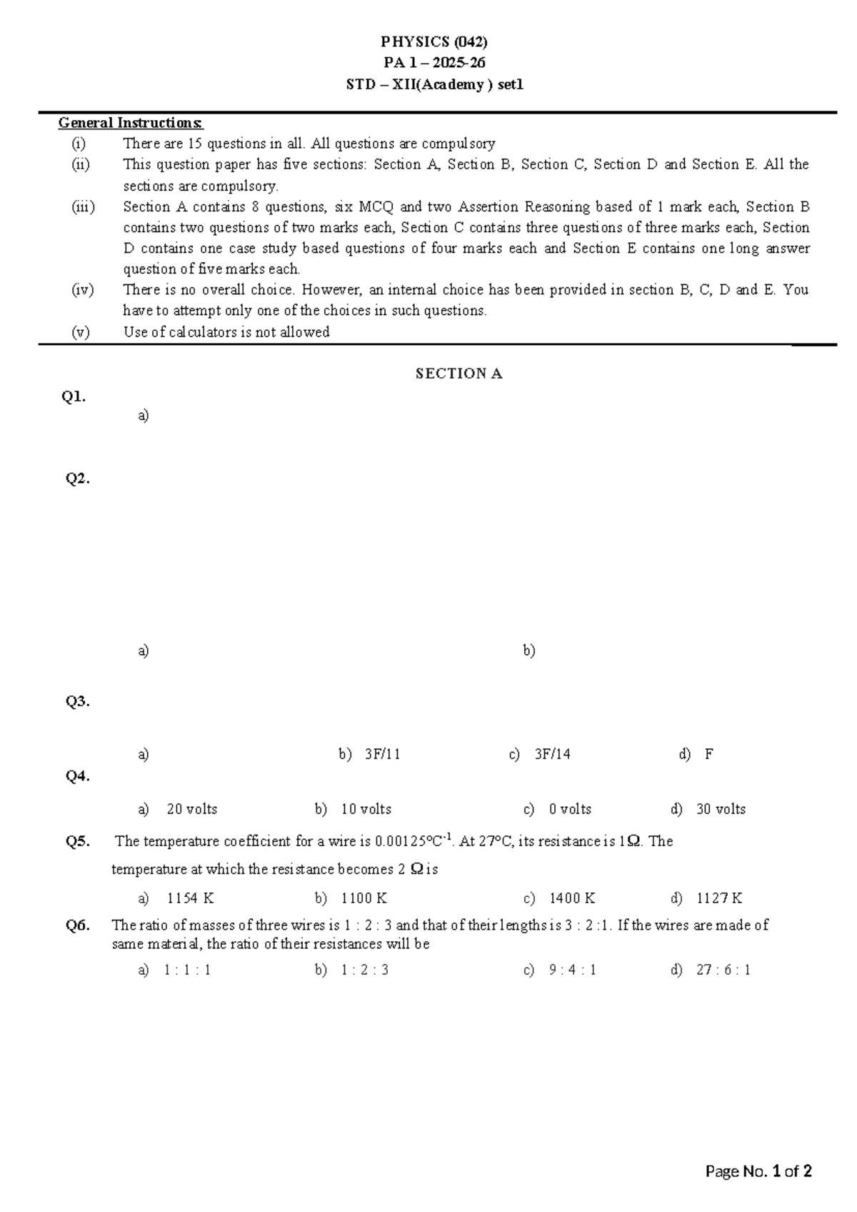 Std-12-PA 1-24-25 Physics (042) Exam Paper with MCQs & Case Study - Studocu