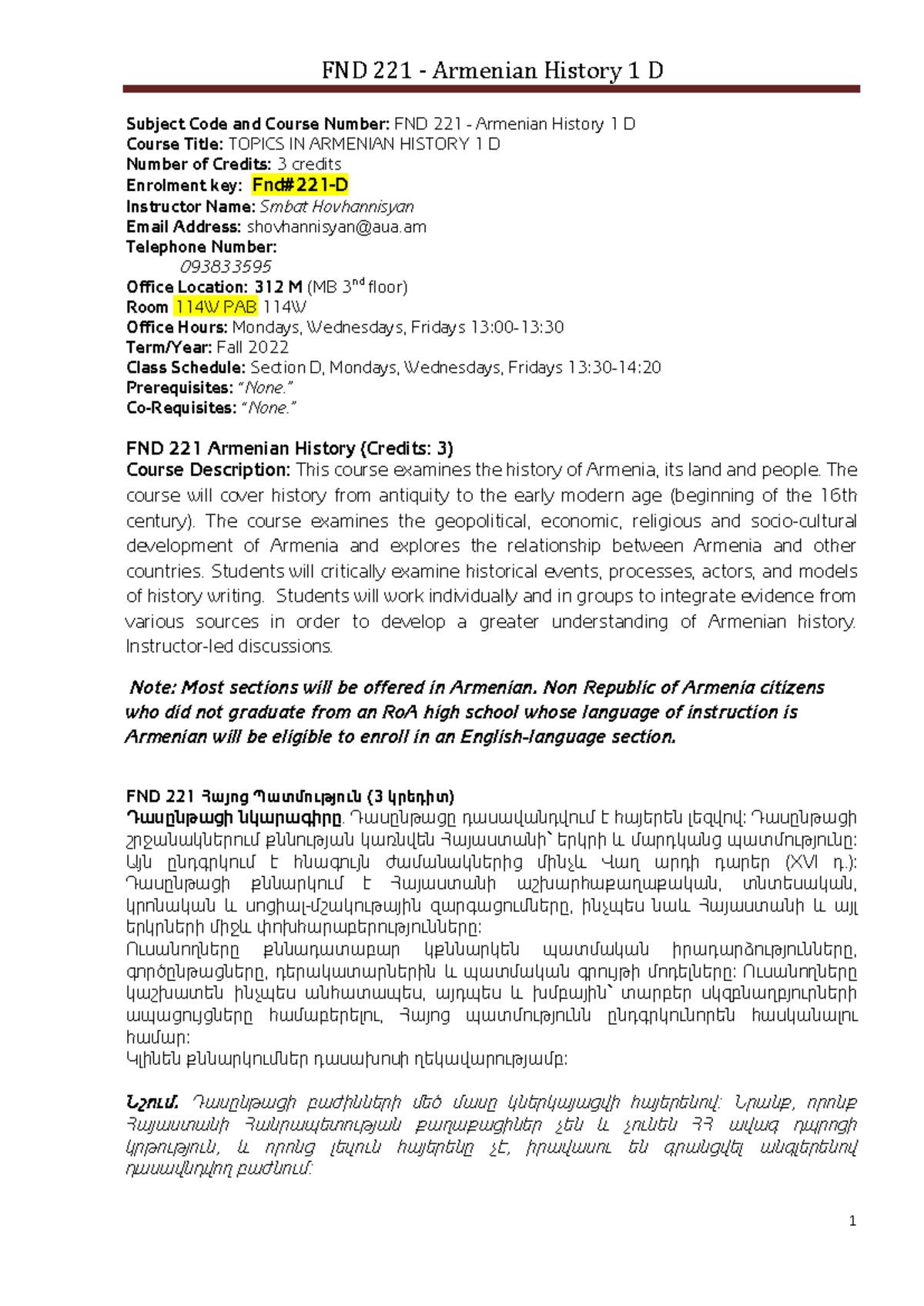 FND 221 Armenian History 1 D Course Syllabus - Fall 2022 - Studocu