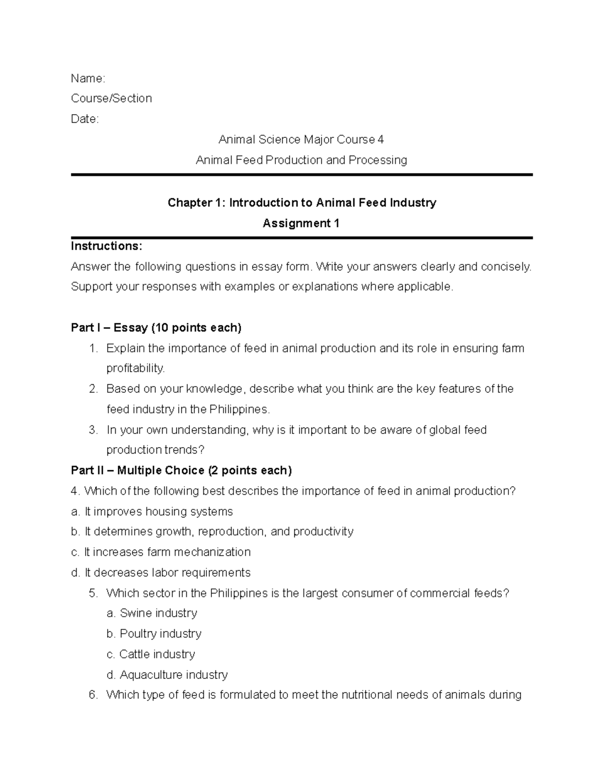 Animal Science Major Course 4: Feed Production & Processing Assignment ...