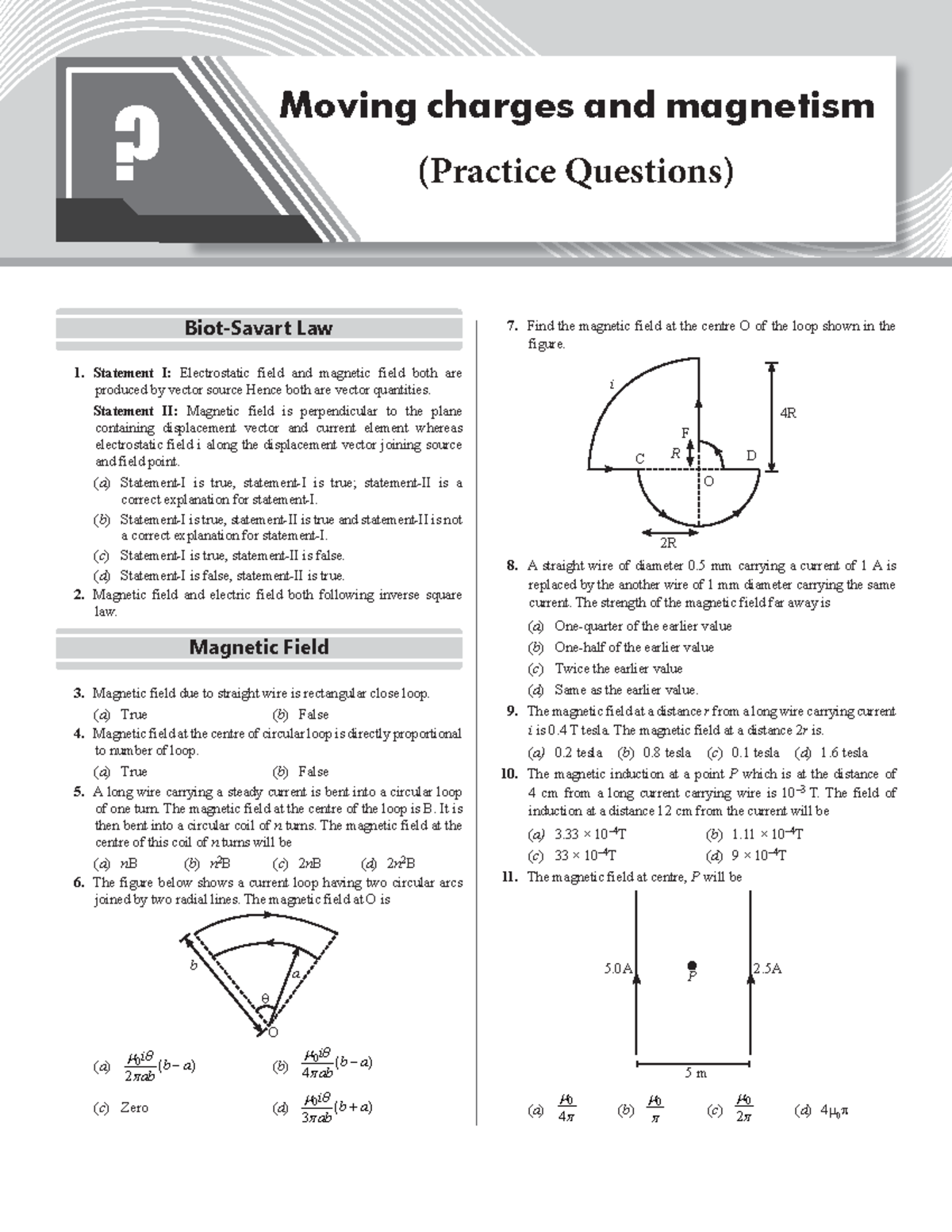 Moving charges and magnetism Practice Questions - Biot-Savart Law ...